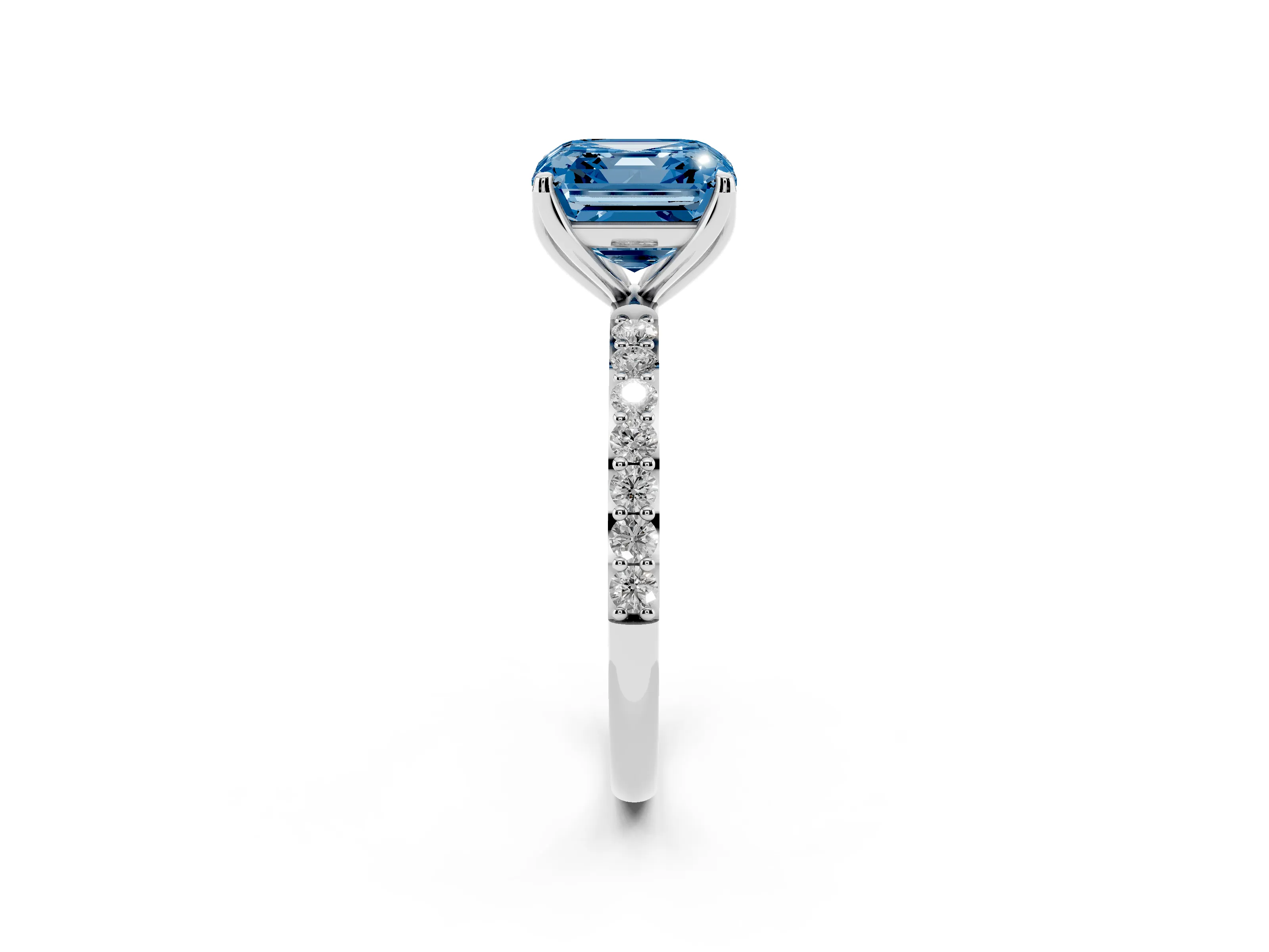 Fancy Blue Asscher Cut Diamond Solitaire Engagement Ring Set in White gold with Round Pavé Band and Prong Setting