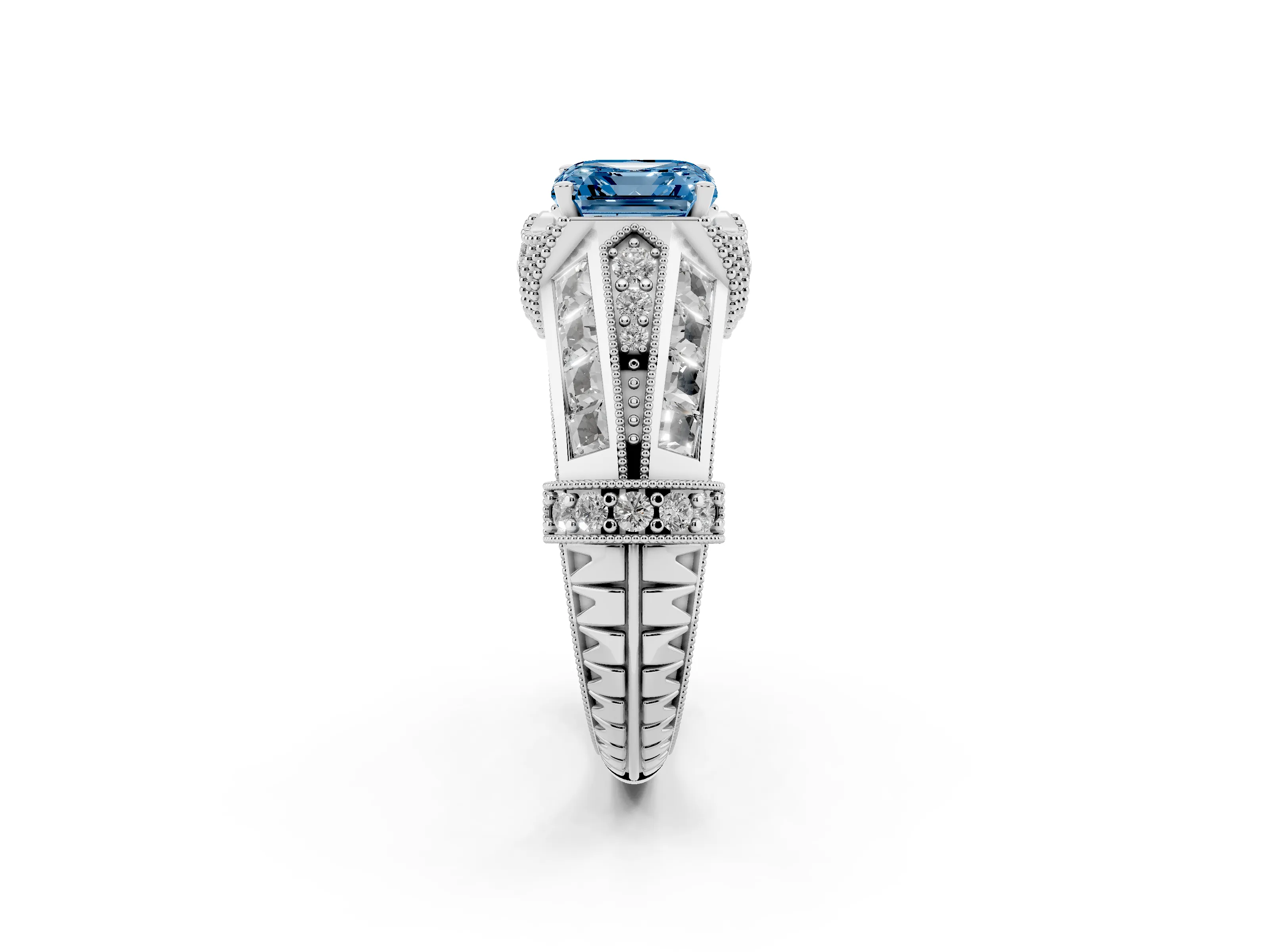 Fancy Blue Asscher Cut Diamond Vintage-Inspired Milgrain Ring Set in Platinum with Accent Split Shank