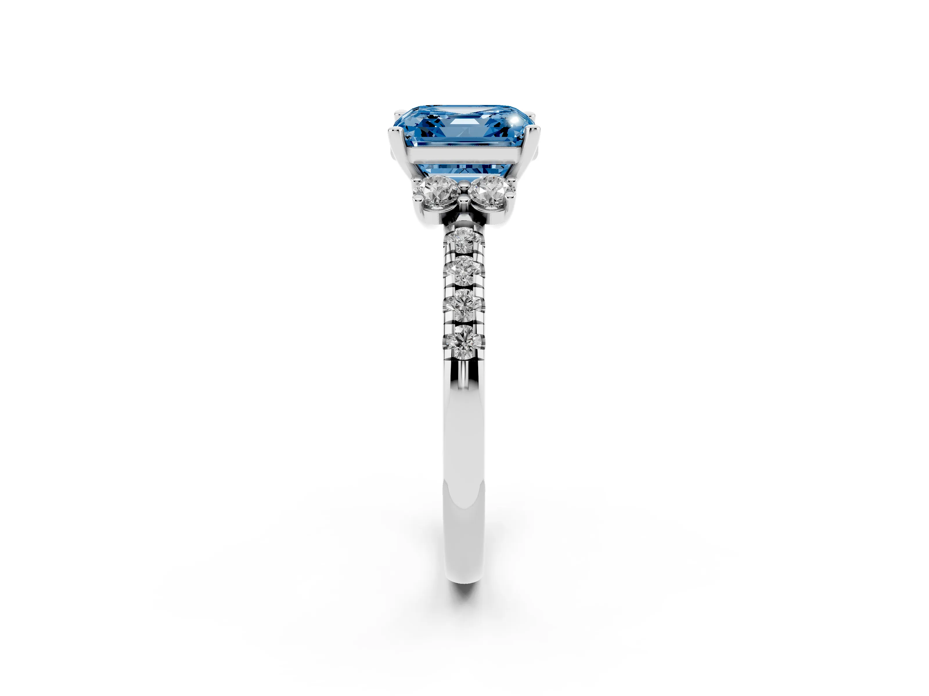 Fancy Blue Asscher Cut Diamond Three-Stone Pavé Ring Set in White gold with Prong Setting