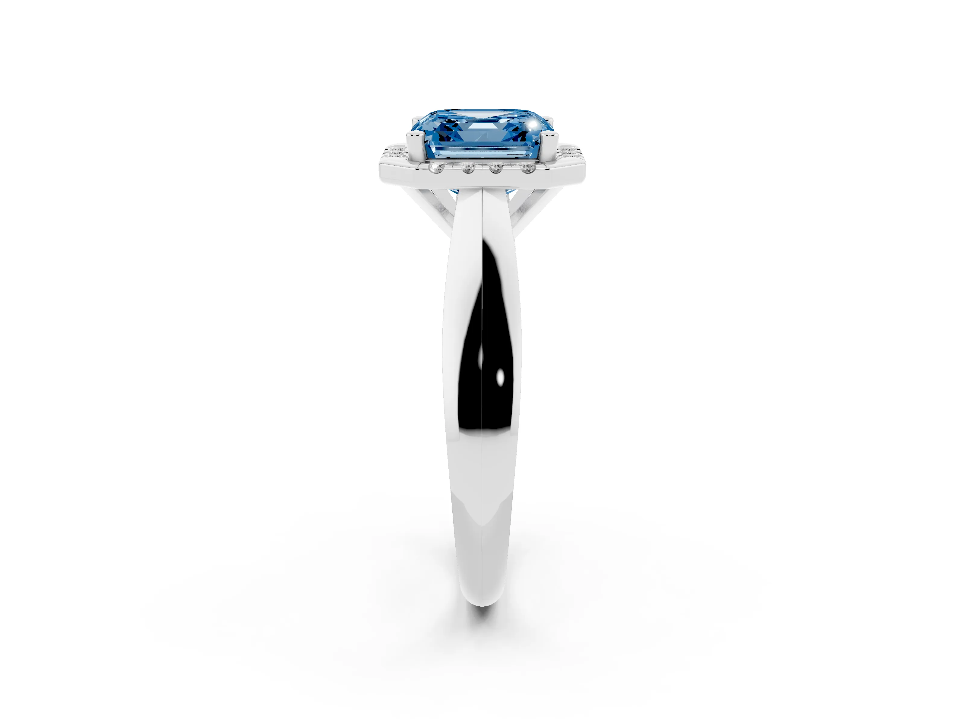 Fancy Blue Asscher Cut Diamond Halo Solitaire Engagement Ring Set in Silver with Square Band and Prong Setting