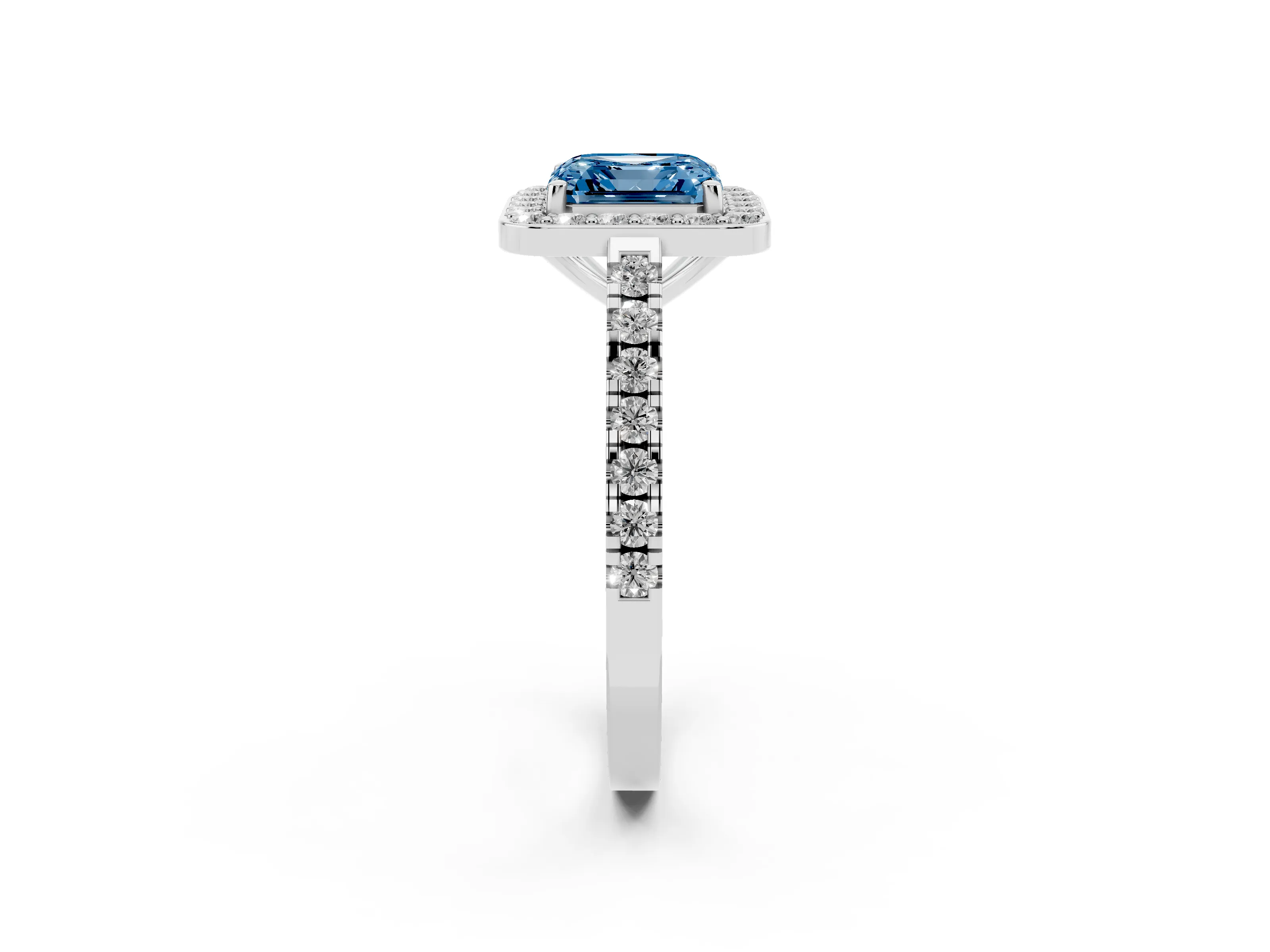 Fancy Blue Asscher Cut Diamond Halo Ring Set in Silver with Round Pavé Split Shank and Prong Setting