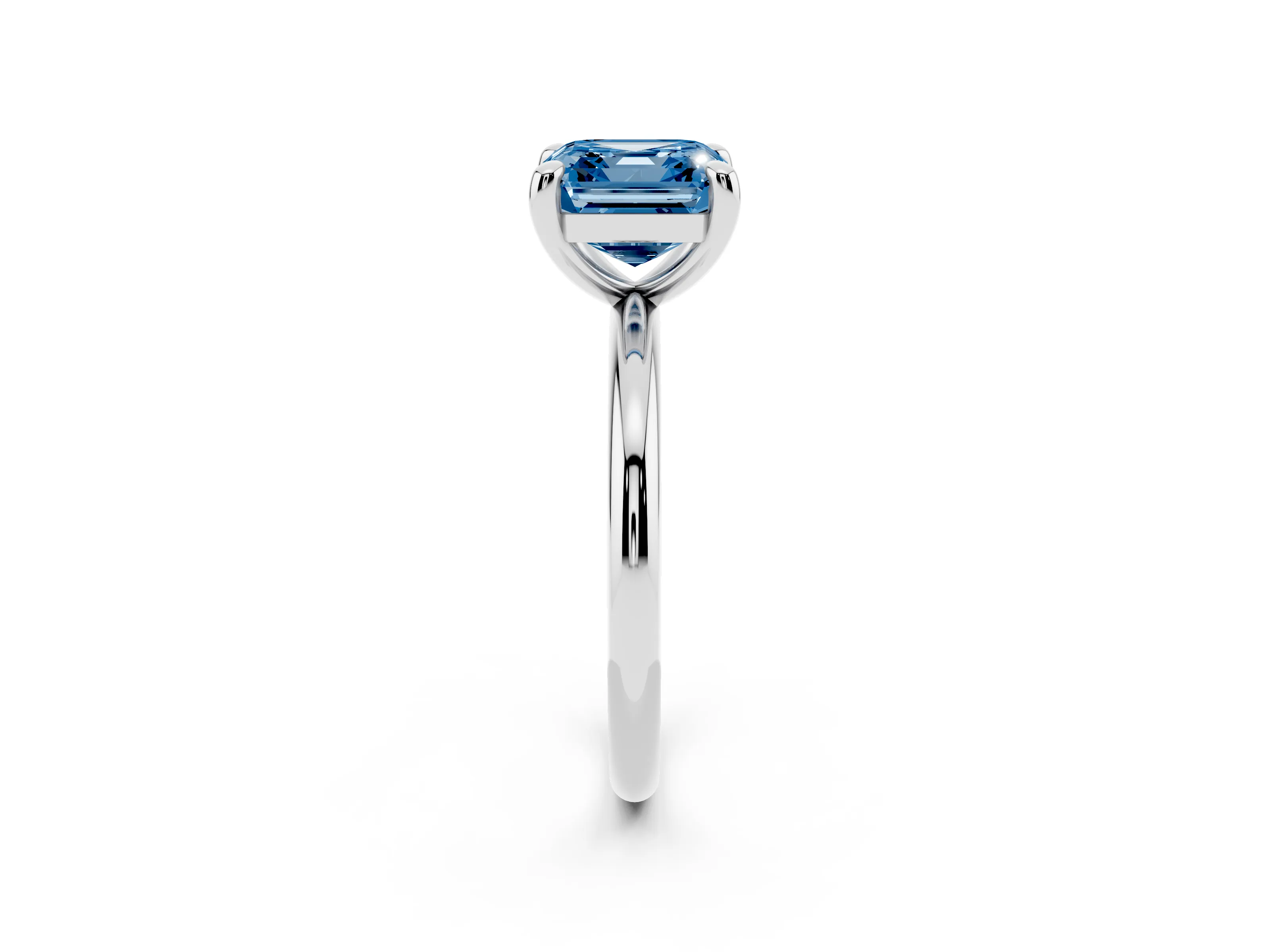 Fancy Blue Asscher Cut Diamond Solitaire Ring Set in White gold with Prong Setting on a Polished Plain Band