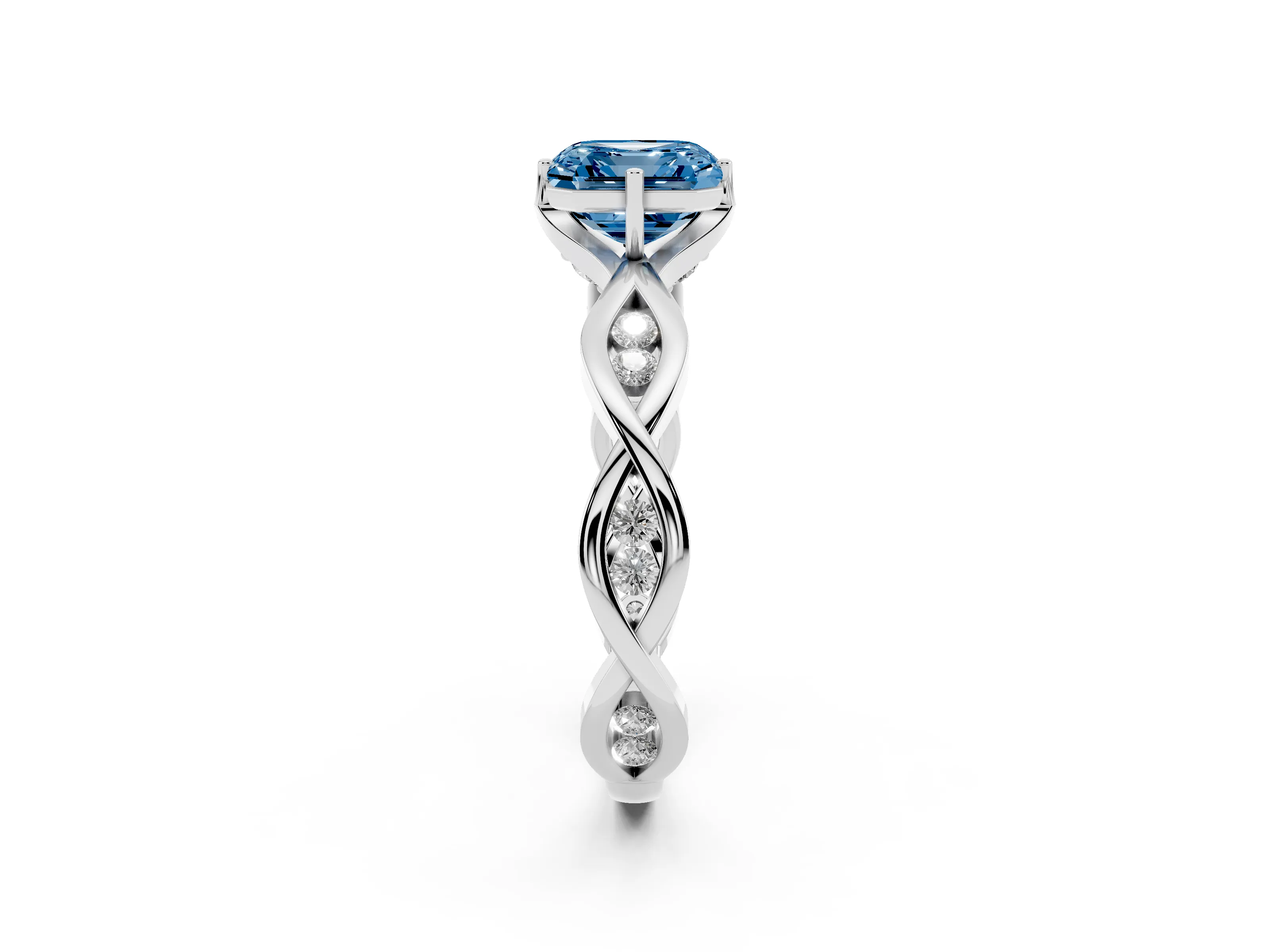 Fancy Blue Asscher Cut Diamond Twist Band Solitaire Ring Set in Platinum with Leaf Prong Setting and Accent Stones