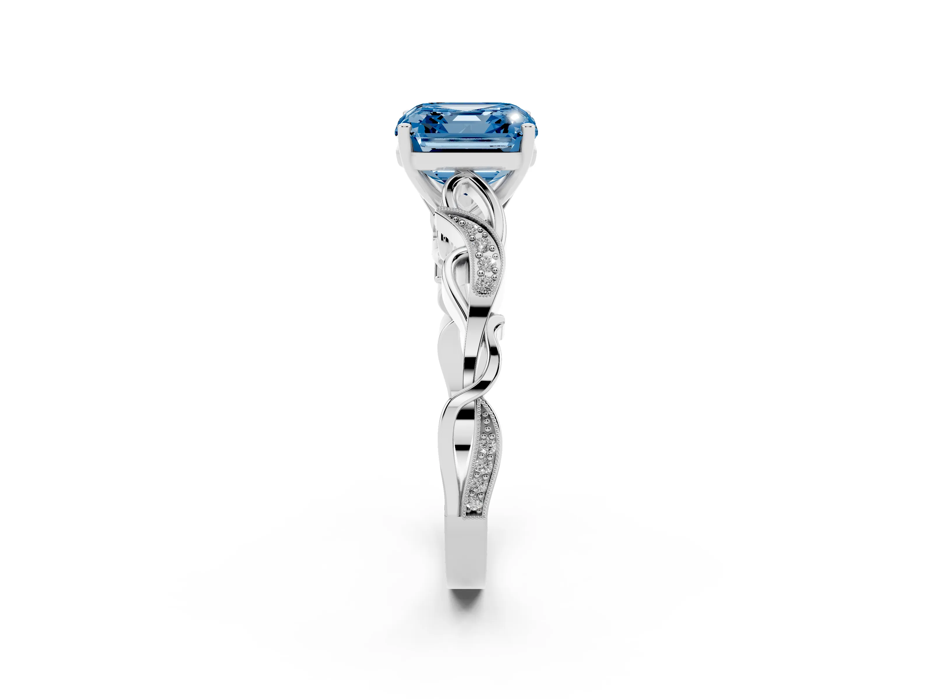 Fancy Blue Asscher Cut Diamond Vine Band Solitaire Ring Set in Platinum with Milgrain Prong Setting