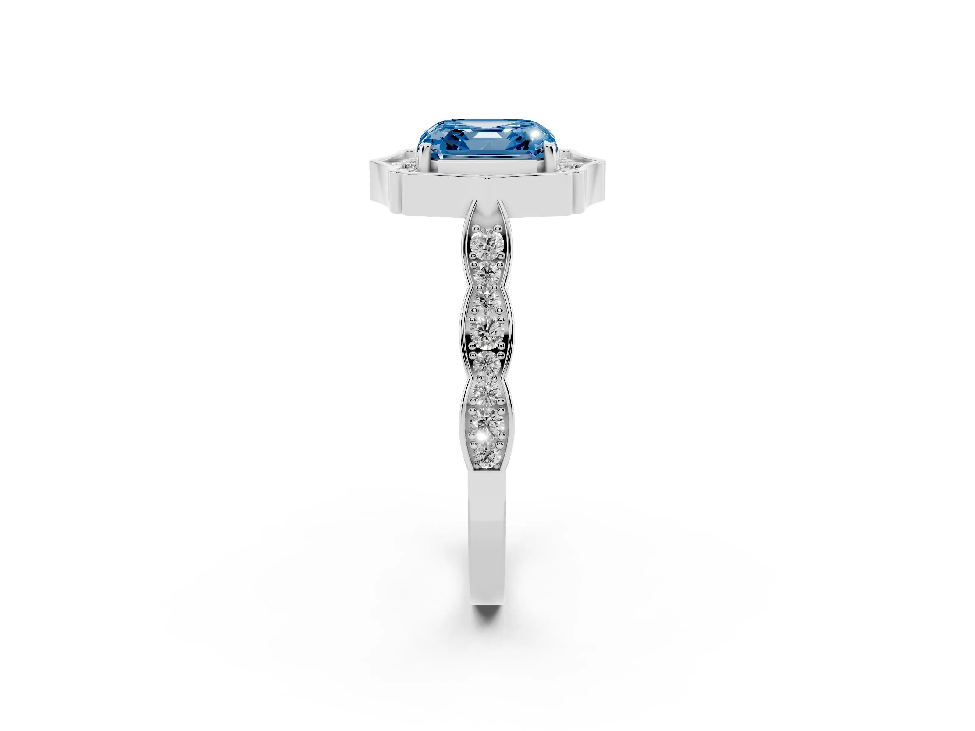 Fancy Blue Asscher Cut Diamond Halo Engagement Ring Set in White gold with Milgrain Band and Prong Setting