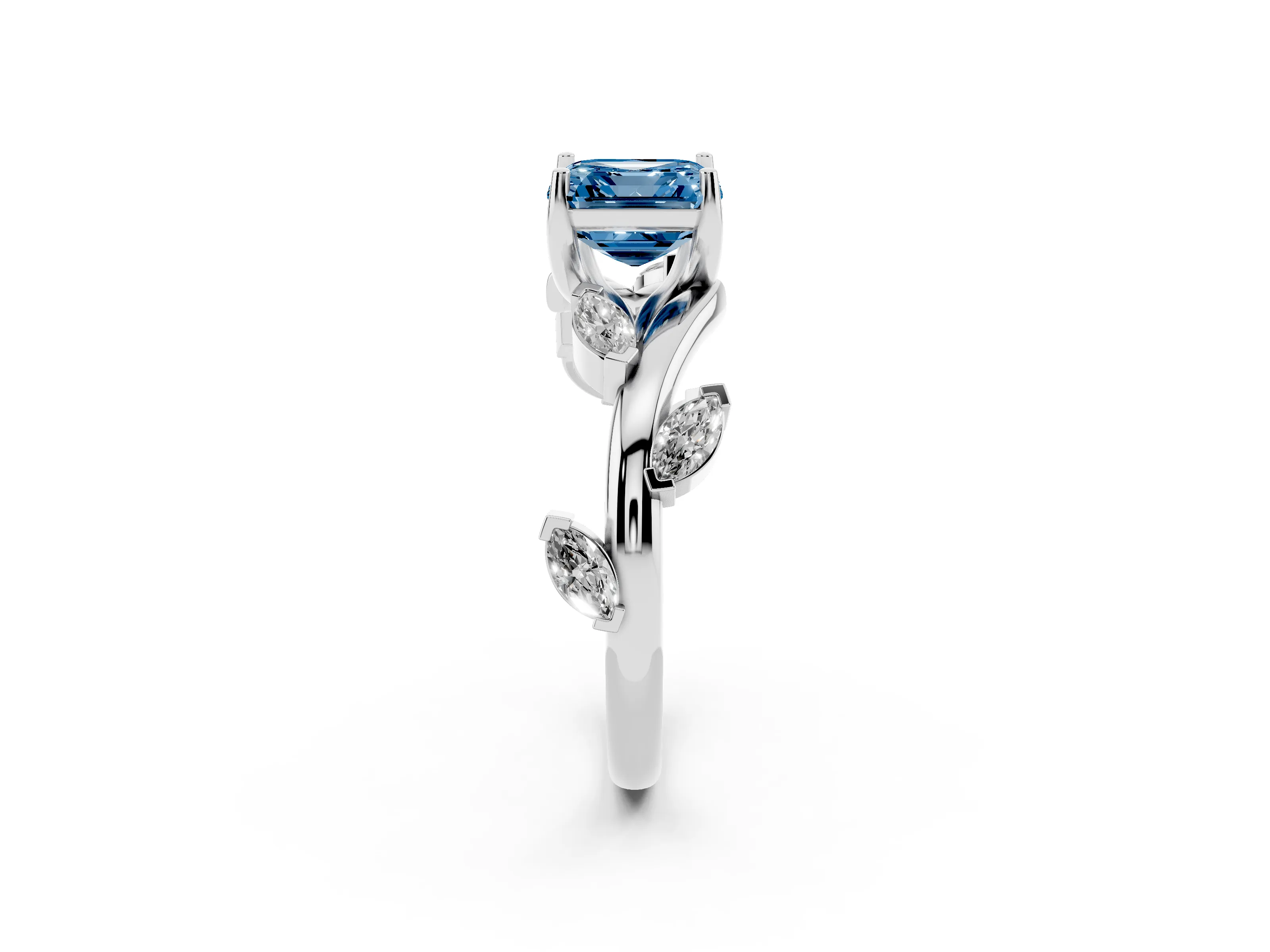 Fancy Blue Asscher Cut Diamond Solitaire Ring Set in White gold with Twisted Marquise Accent Band