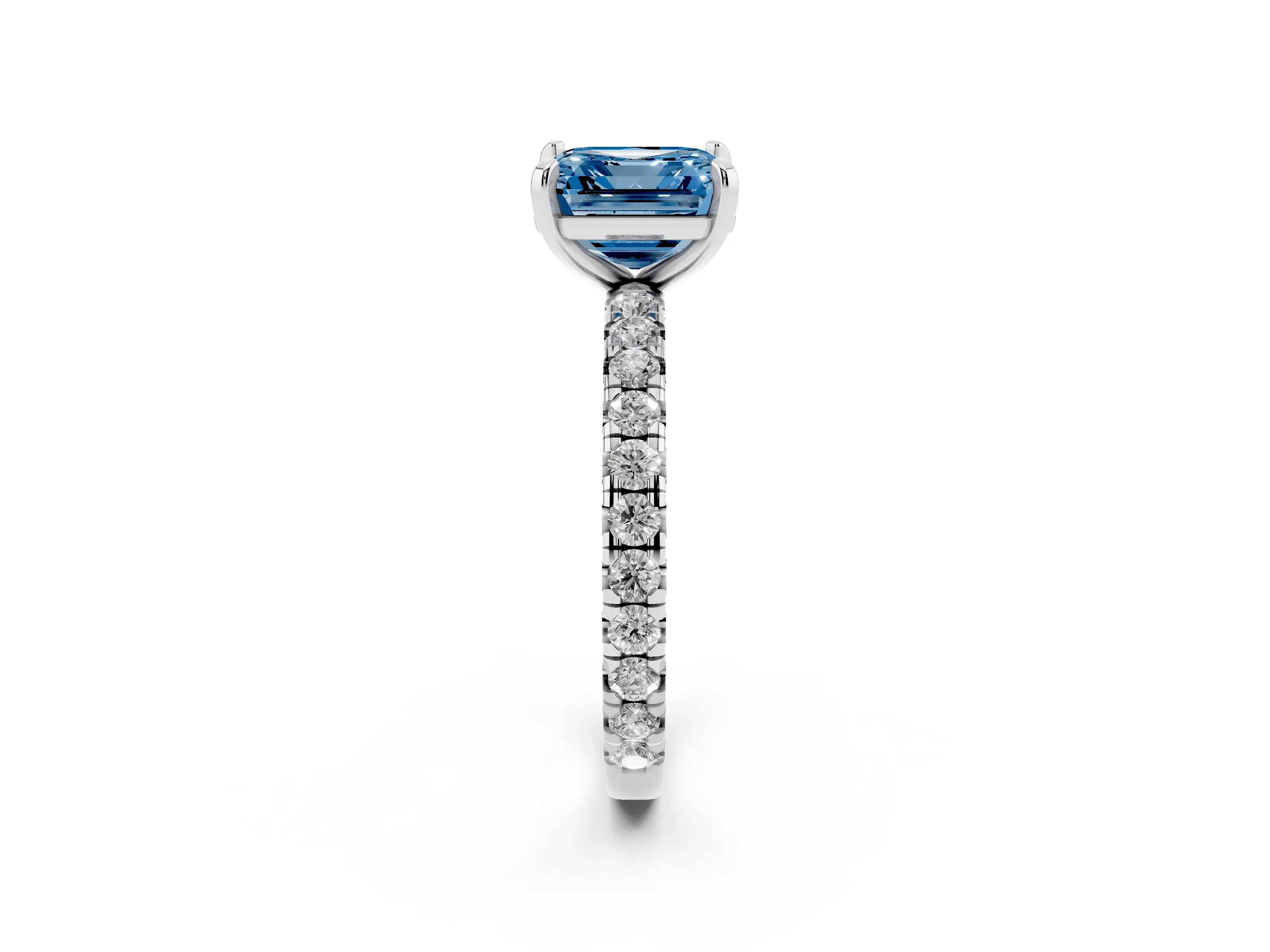 Fancy Blue Asscher Cut Diamond Pavé Solitaire Ring Set in Silver with Round Band and Prong Setting