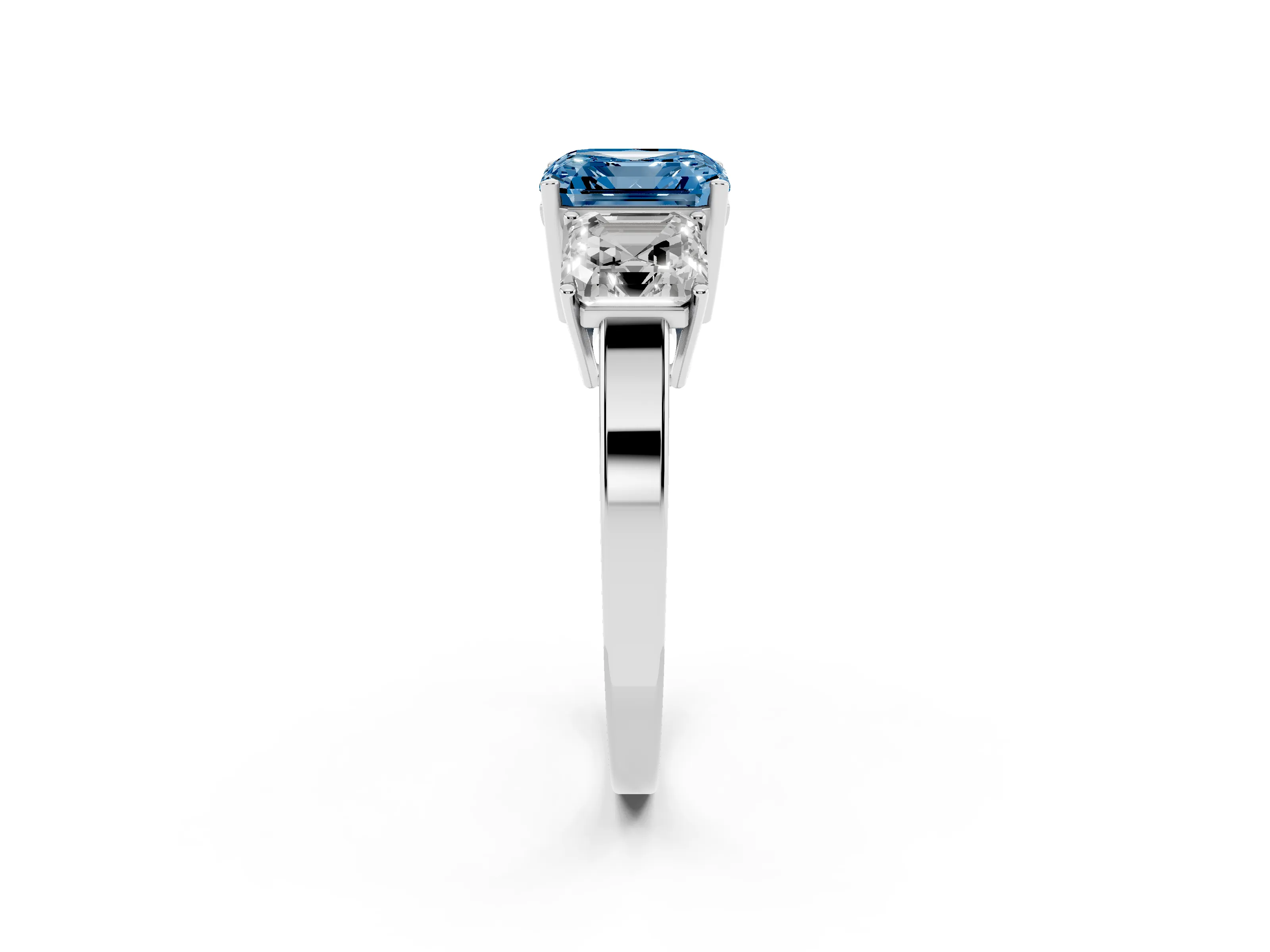 Fancy Blue Asscher Cut Diamond Three-Stone Engagement Ring Set in Platinum with Flat Band