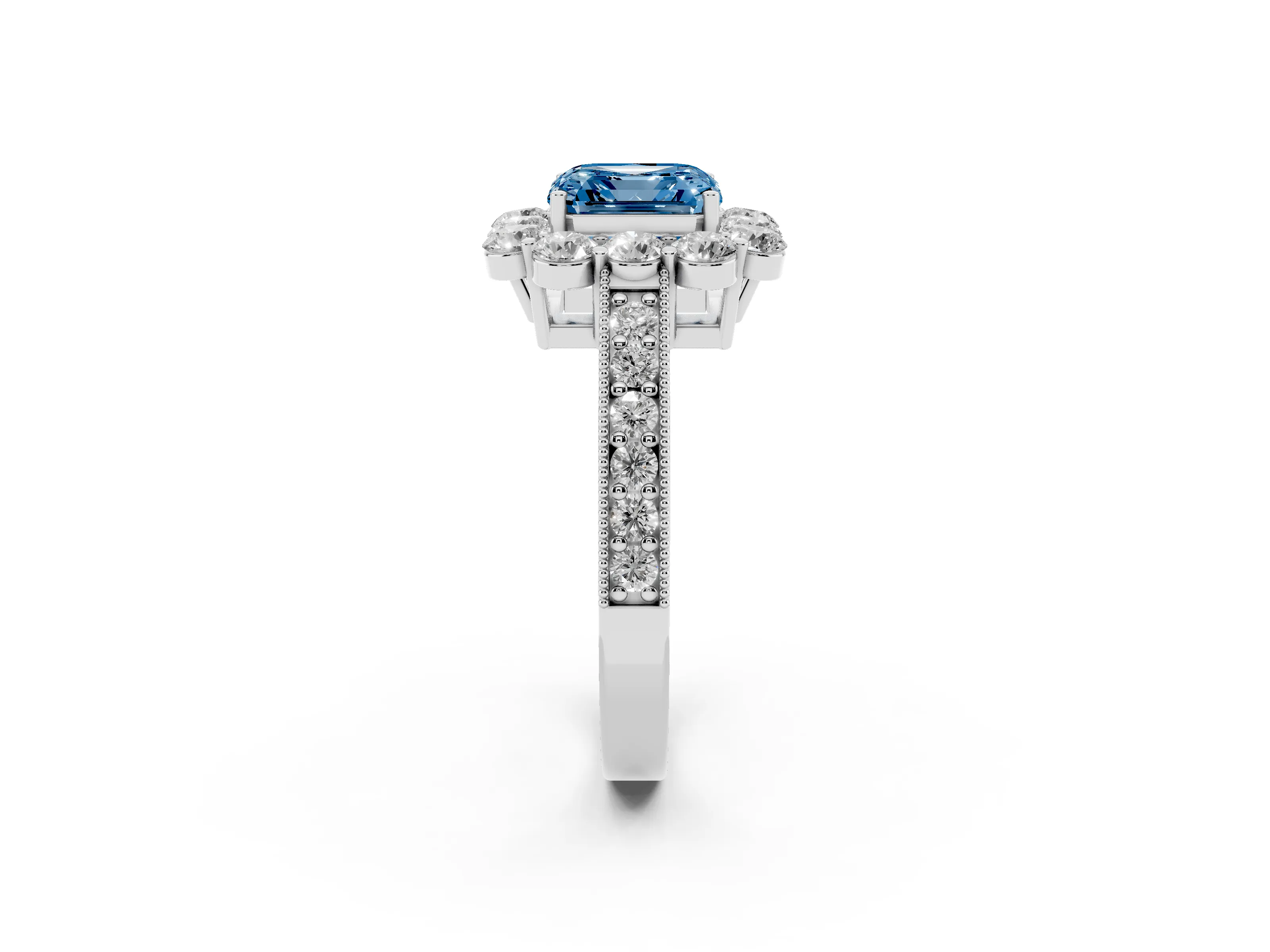 Fancy Blue Asscher Cut Diamond Halo Pavé Engagement Ring Set in Silver with Milgrain Detailing