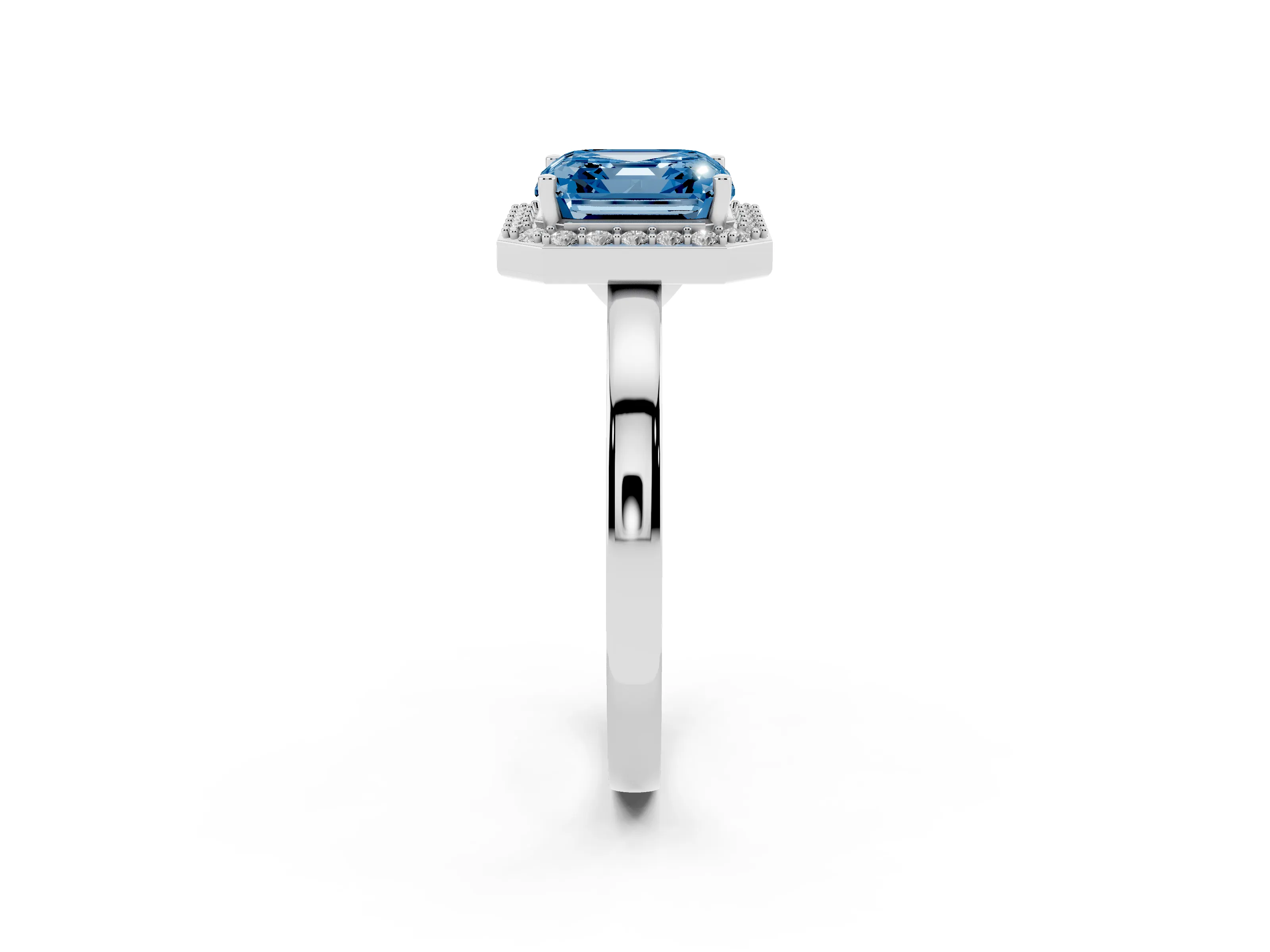Fancy Blue Asscher Cut Diamond Halo Ring Set in Platinum with Solitaire Band and Prong Setting