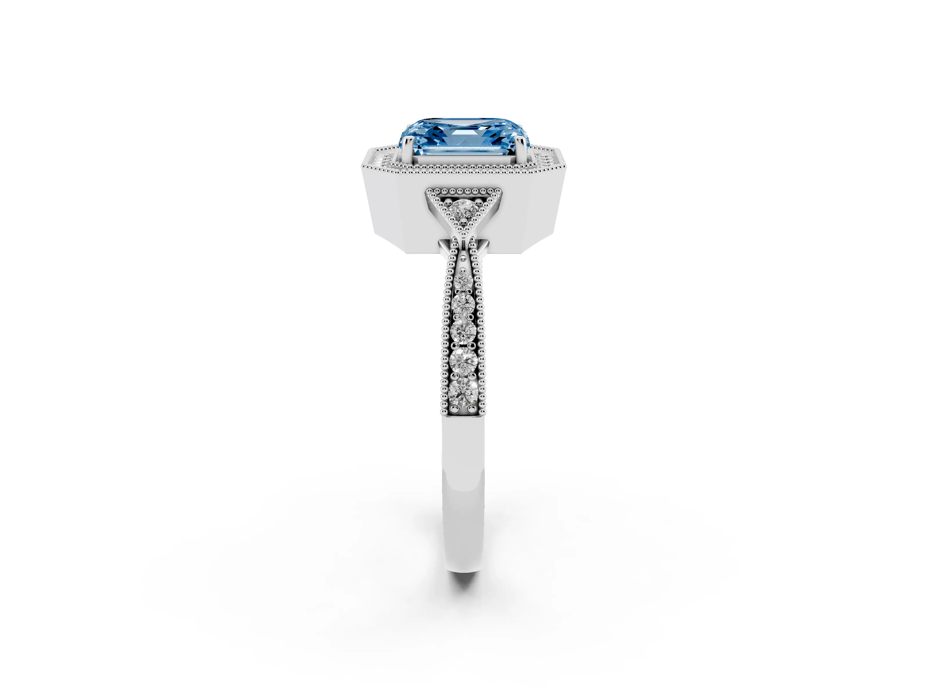 Fancy Blue Asscher Cut Diamond Halo Engagement Ring Set in White gold with Milgrain Pavé Band