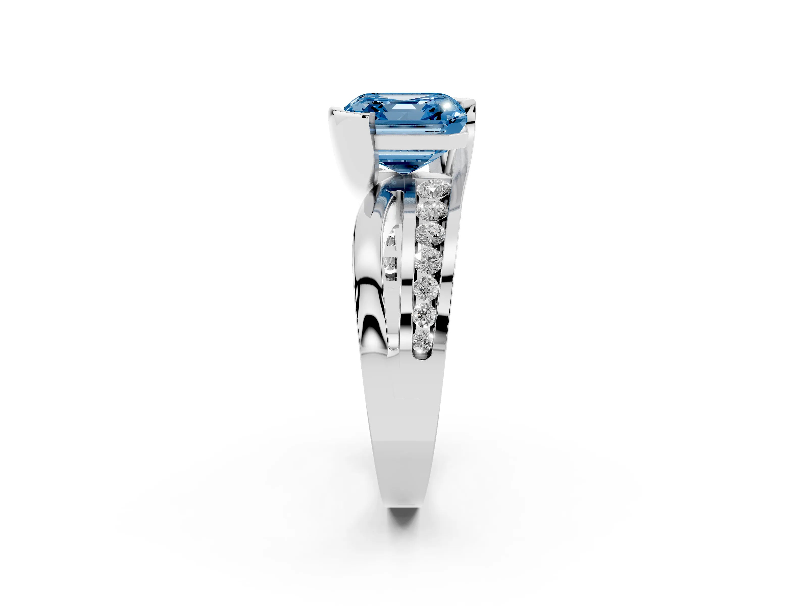 Fancy Blue Asscher Cut Diamond Solitaire Ring Set in White gold with Channel Set Split Shank and Tension Prongs