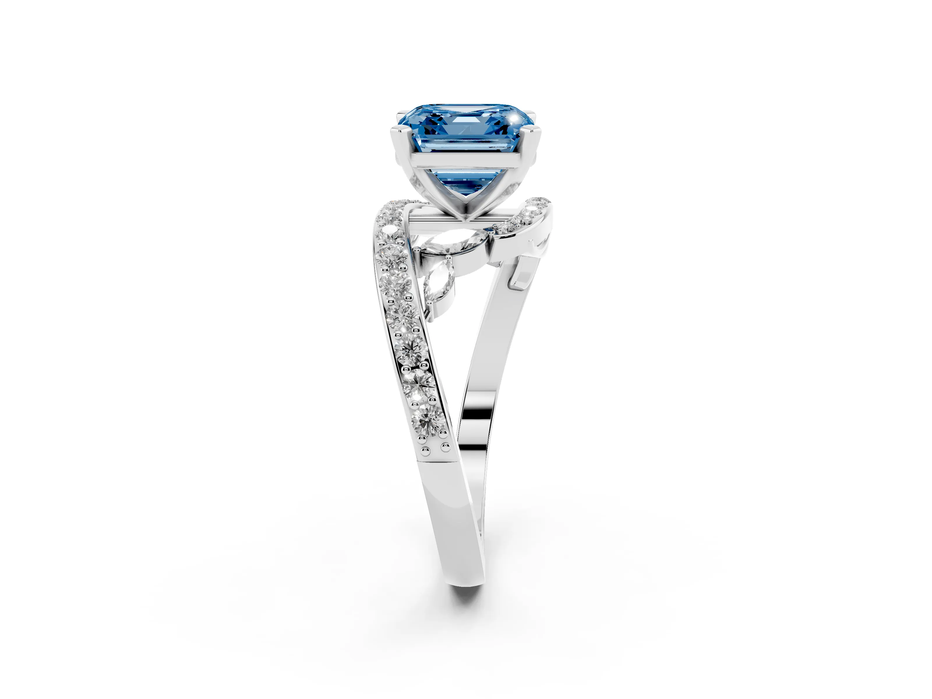 Fancy Blue Asscher Cut Diamond Solitaire Ring Set in Silver with Pavé Twist Band and Secure Prong Setting