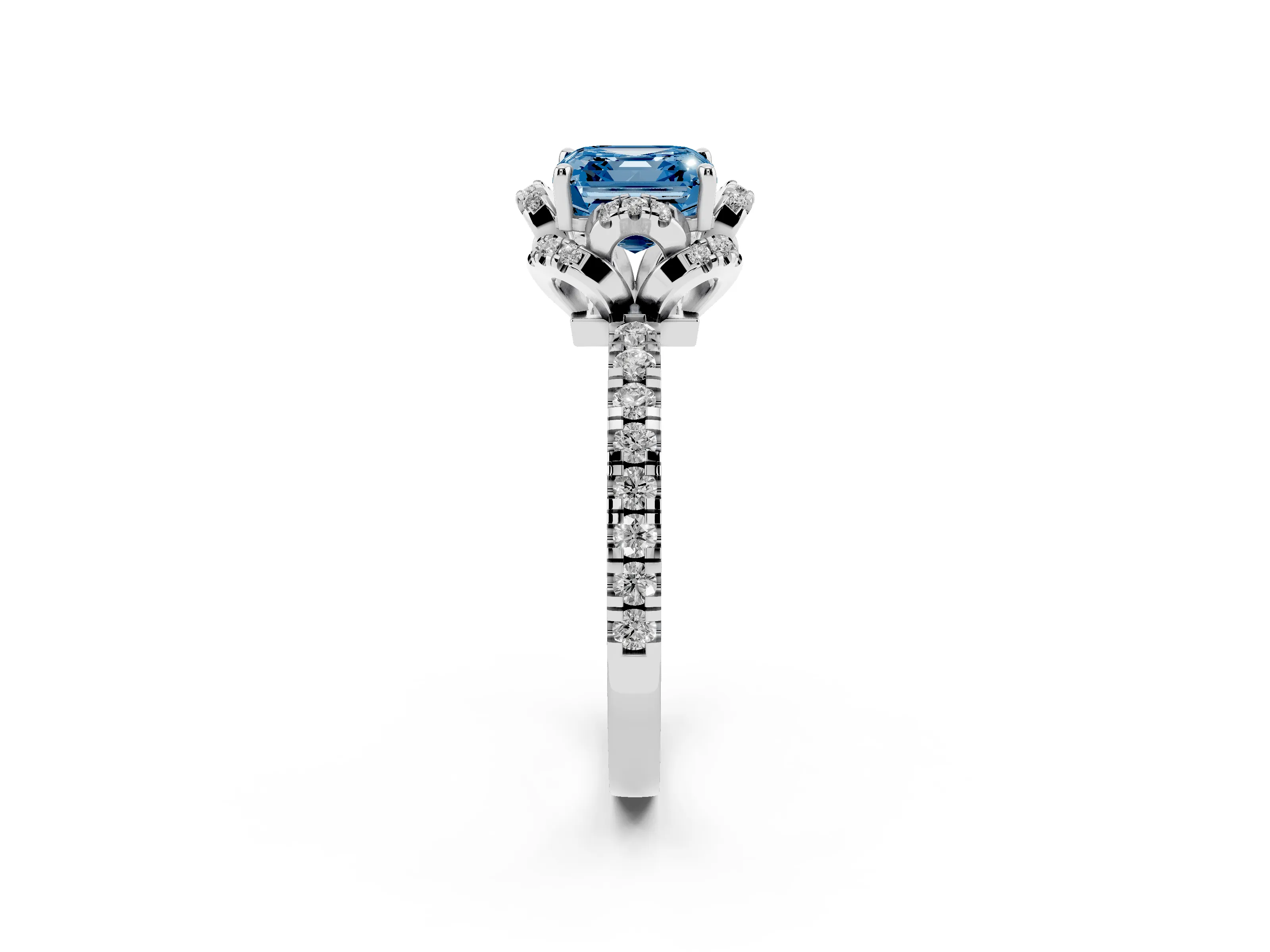 Fancy Blue Asscher Cut Diamond Halo Pavé Ring Set in White gold with Prong-Held Center Stone