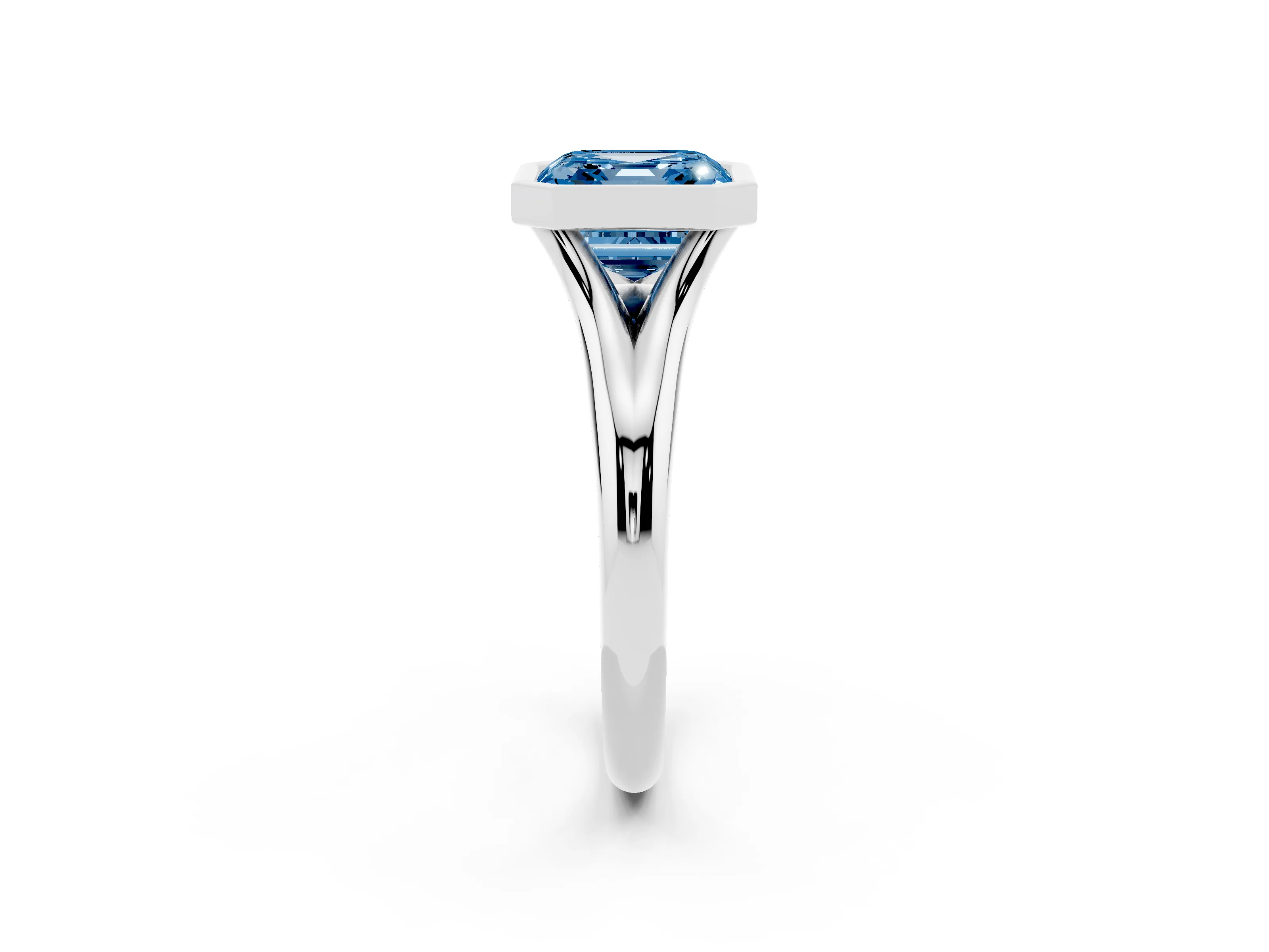 Fancy Blue Bezel Set Asscher Cut Diamond Solitaire Ring Set in Silver with Smooth Band