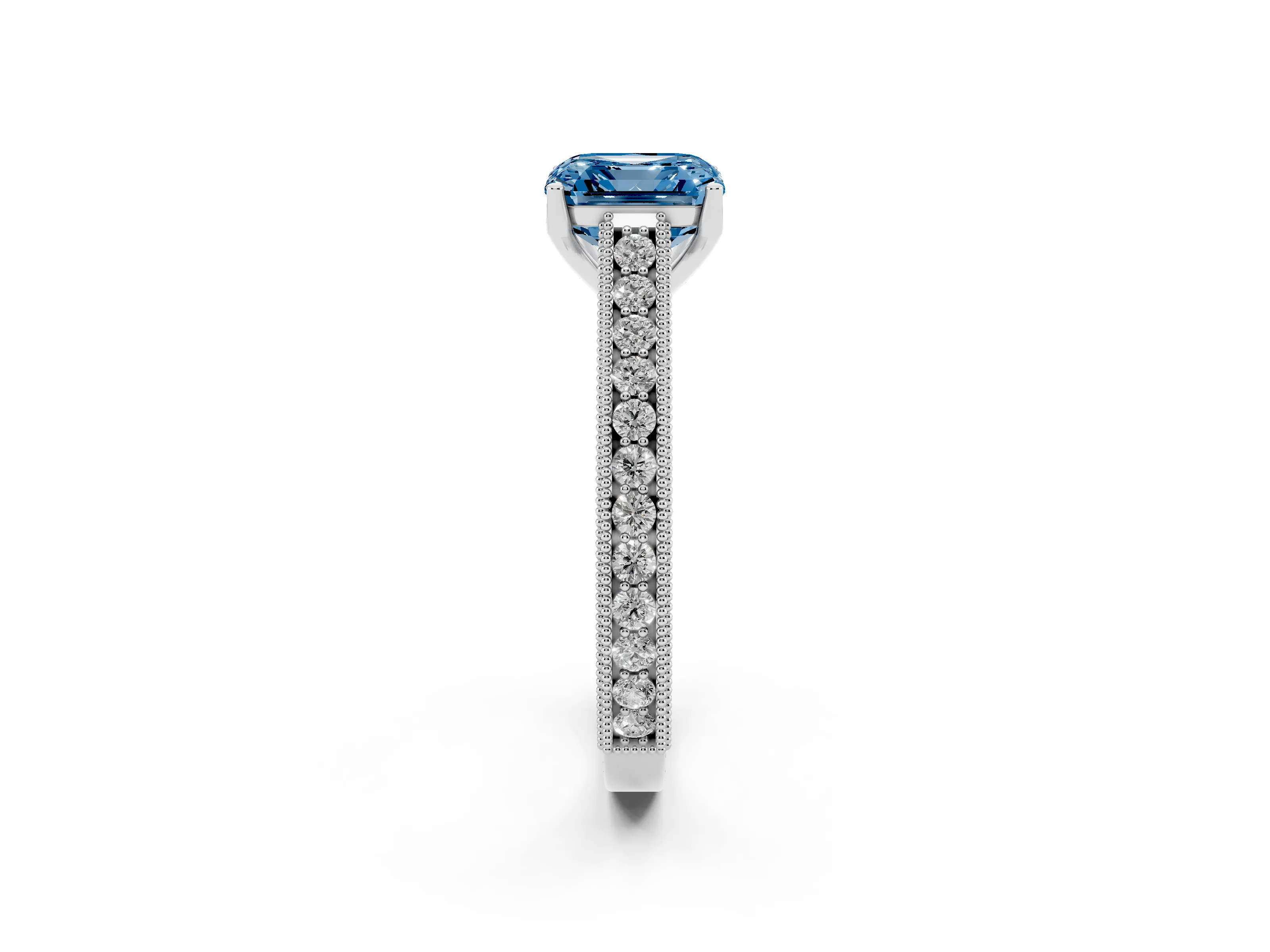 Fancy Blue Asscher Cut Diamond Milgrain Pavé Band Solitaire Ring Set in Platinum with Prong Setting