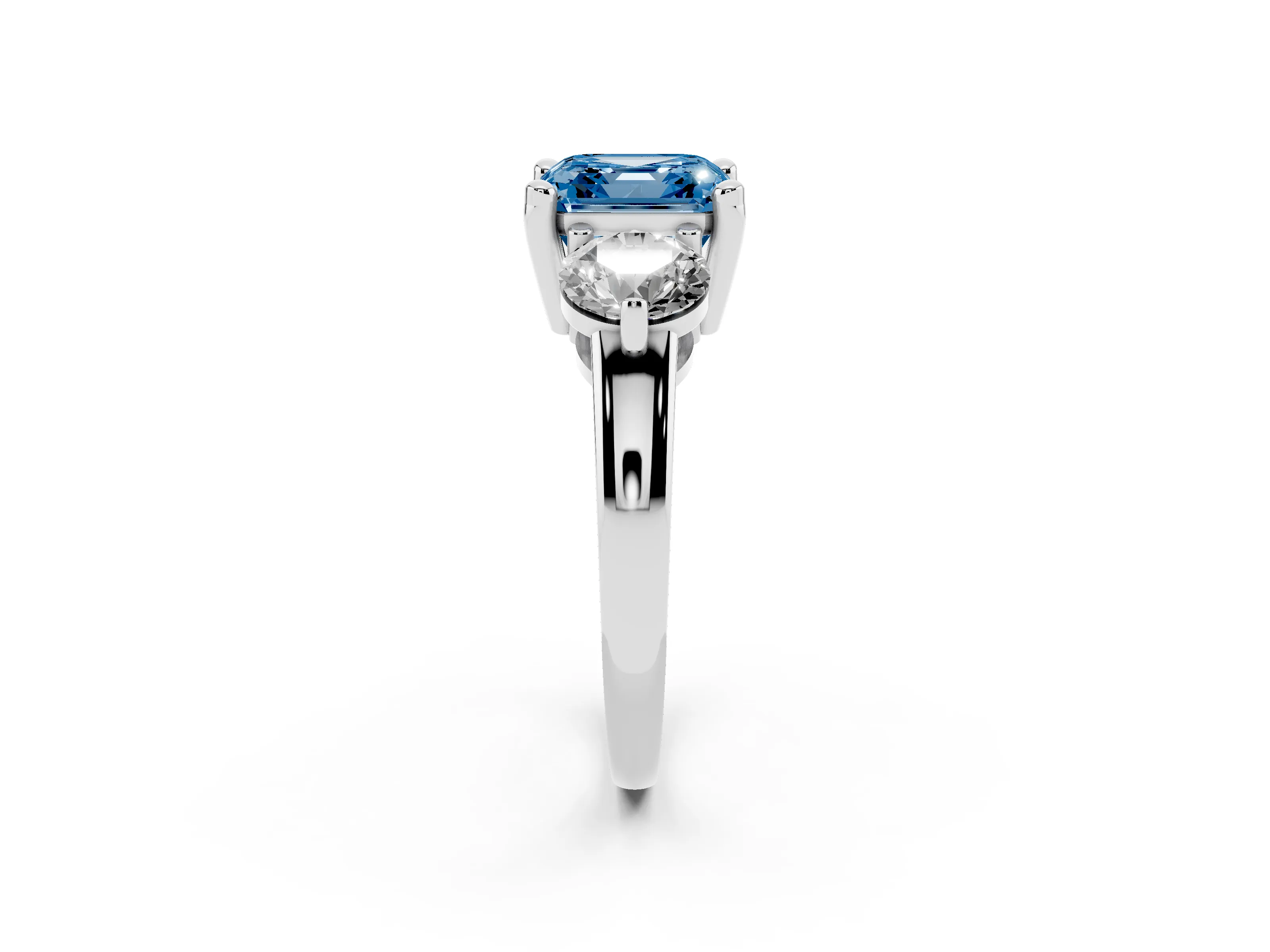 Fancy Blue Asscher Cut Diamond Three-Stone Ring Set in Silver with Prong Setting and Classic Band