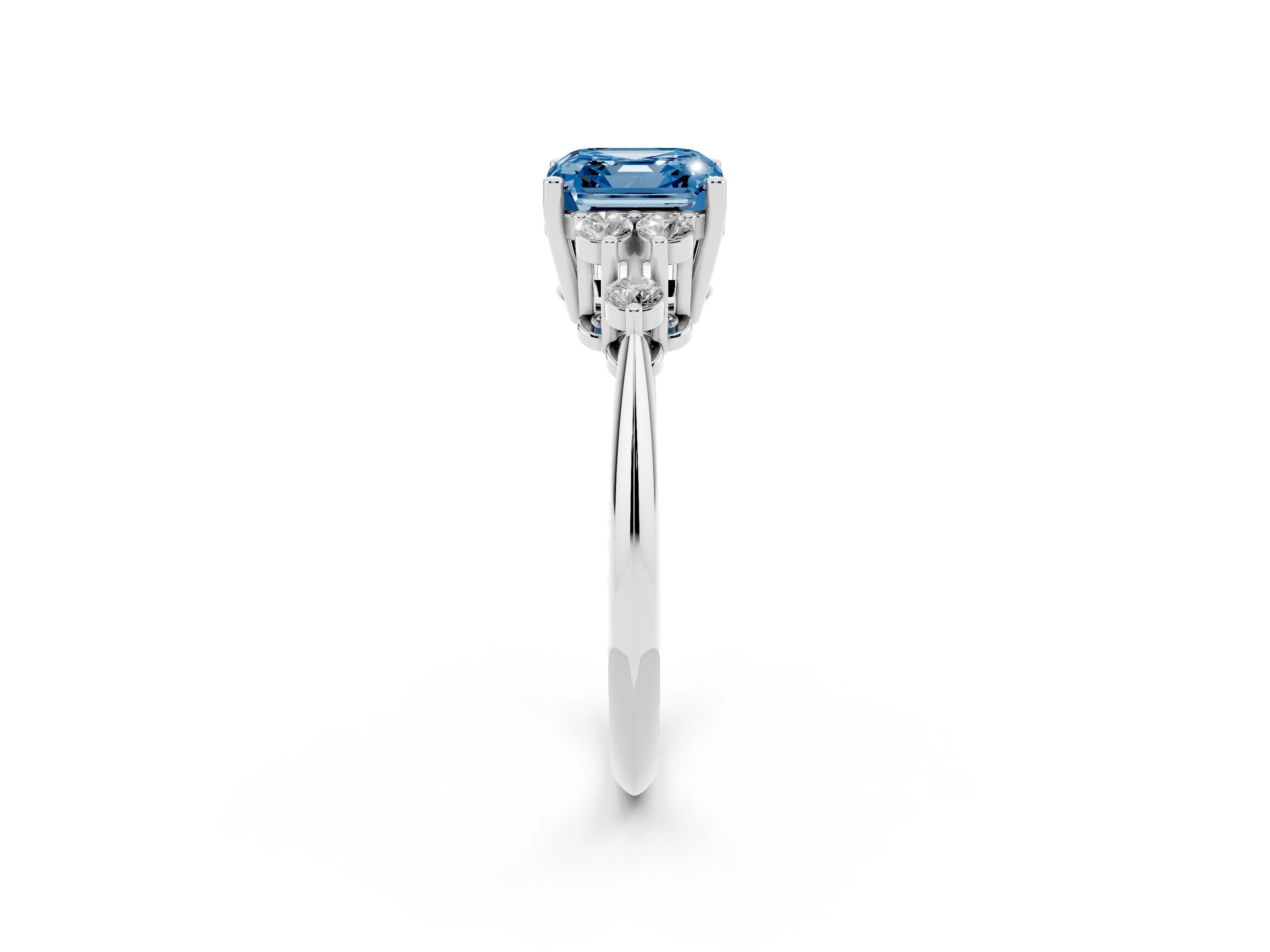 Fancy Blue Asscher Cut Diamond Cluster Ring Set in White gold with Plain Band and Prong Setting