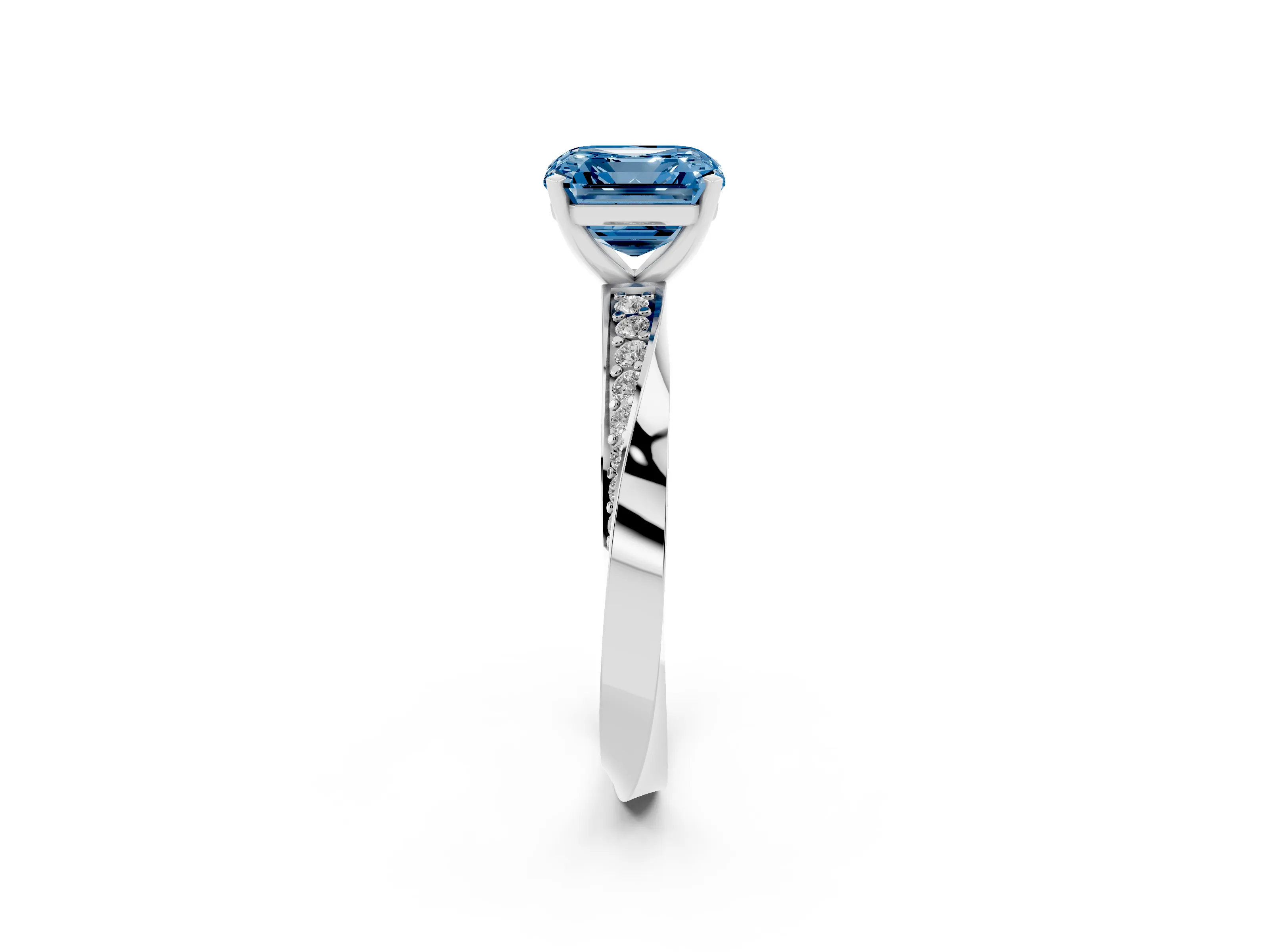 Fancy Blue Asscher Cut Diamond Engagement Ring Set in White gold with Side Stone Accents and Prong Setting