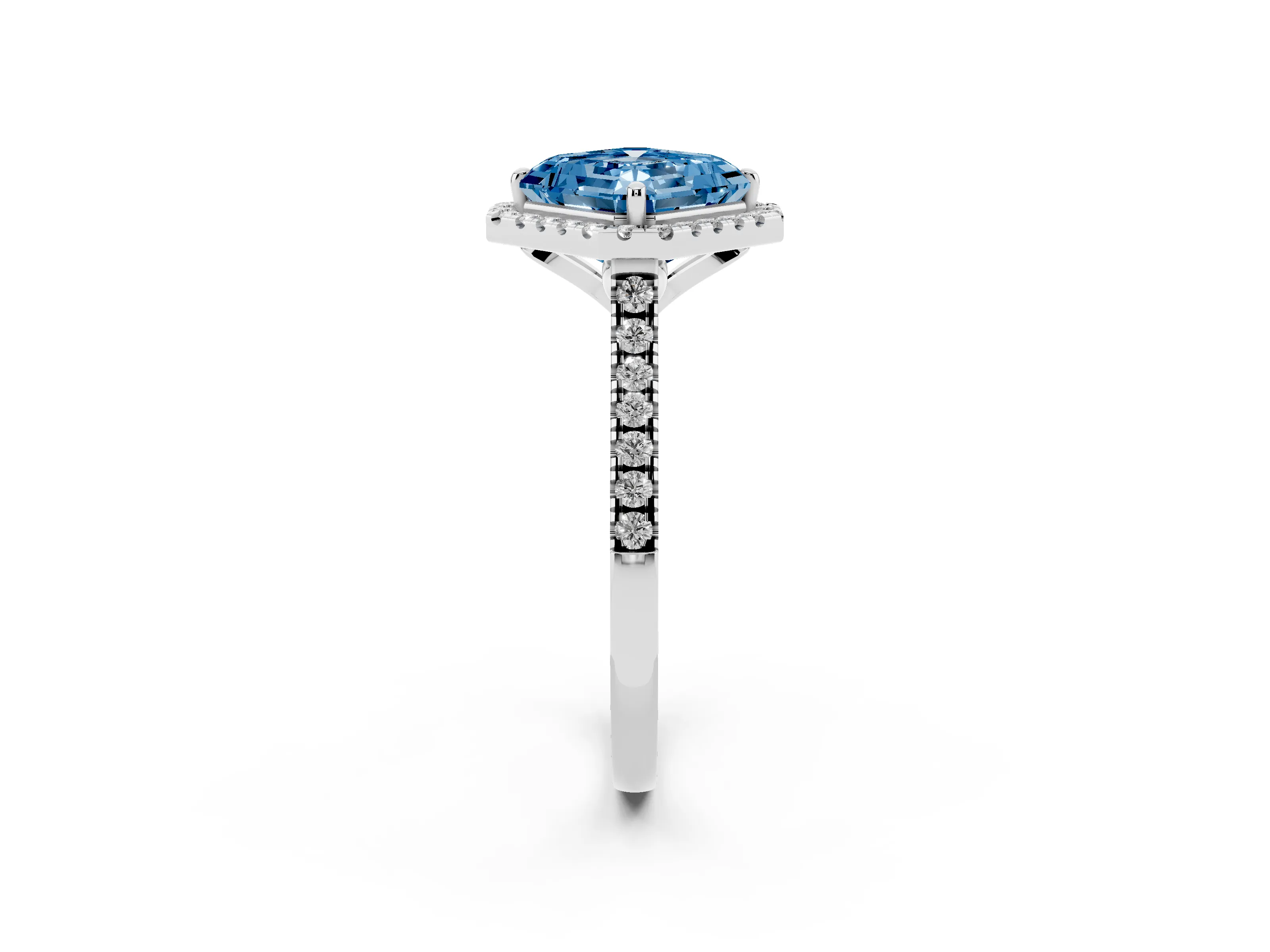 Fancy Blue Asscher Cut Diamond Cushion Halo Ring Set in Silver with Pavé Band
