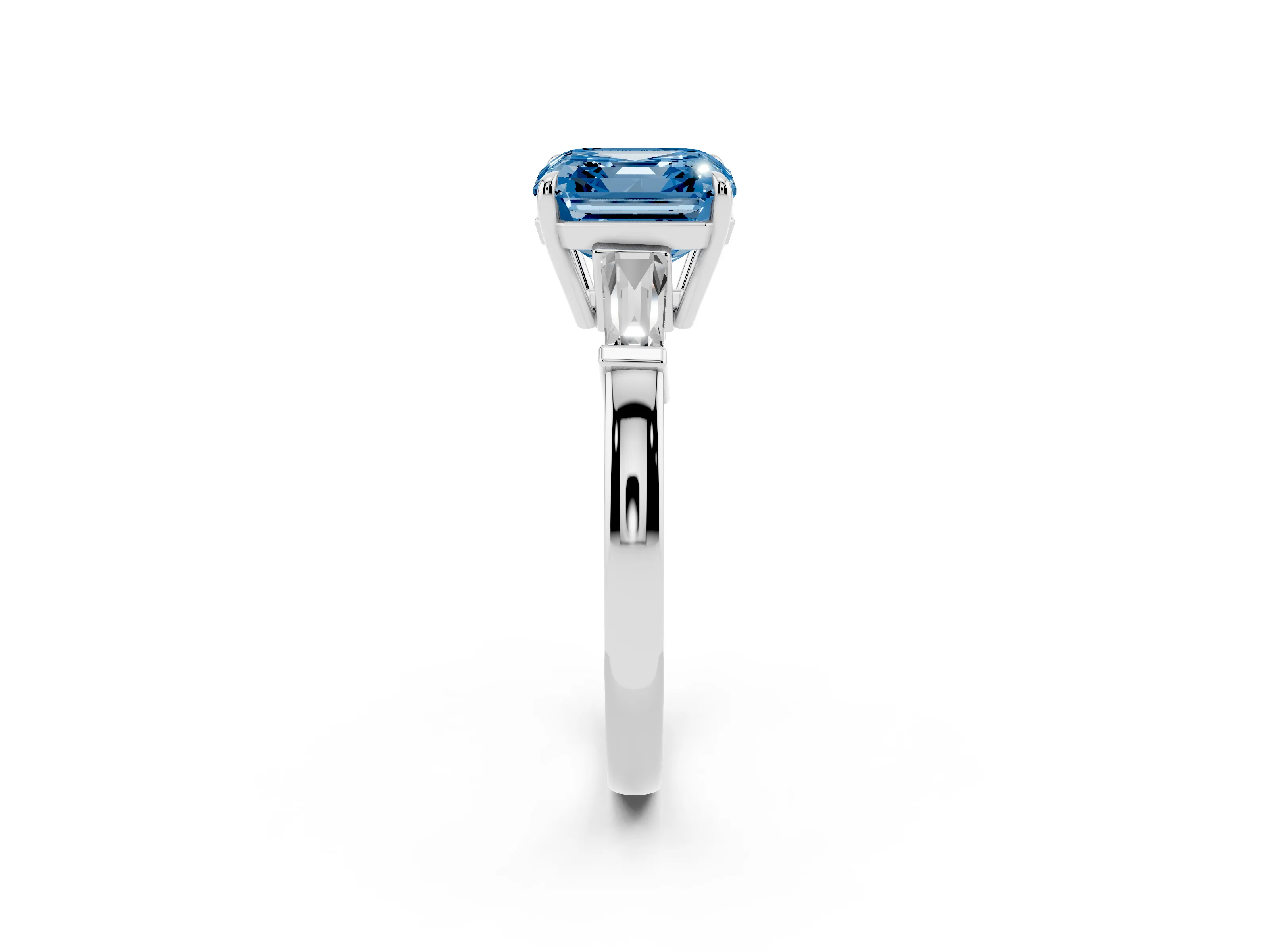 Fancy Blue Asscher Cut Diamond Three-Stone Ring Set in White gold with Tapered Baguette Side Stones and Prong Setting