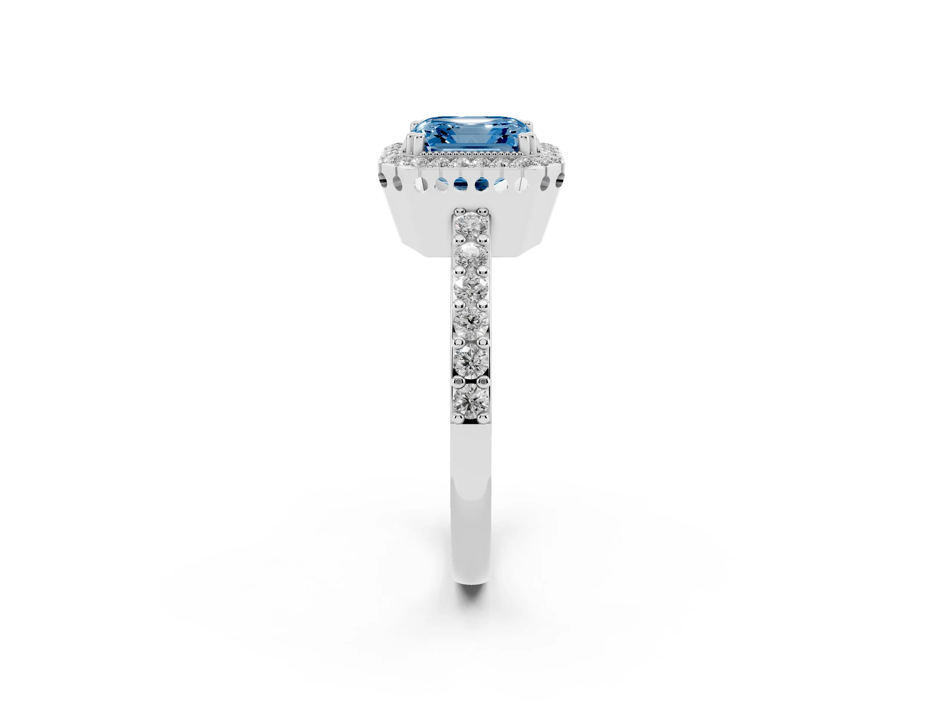 Fancy Blue Asscher Cut Diamond Halo Engagement Ring Set in White gold with Milgrain Detail and Pavé Band