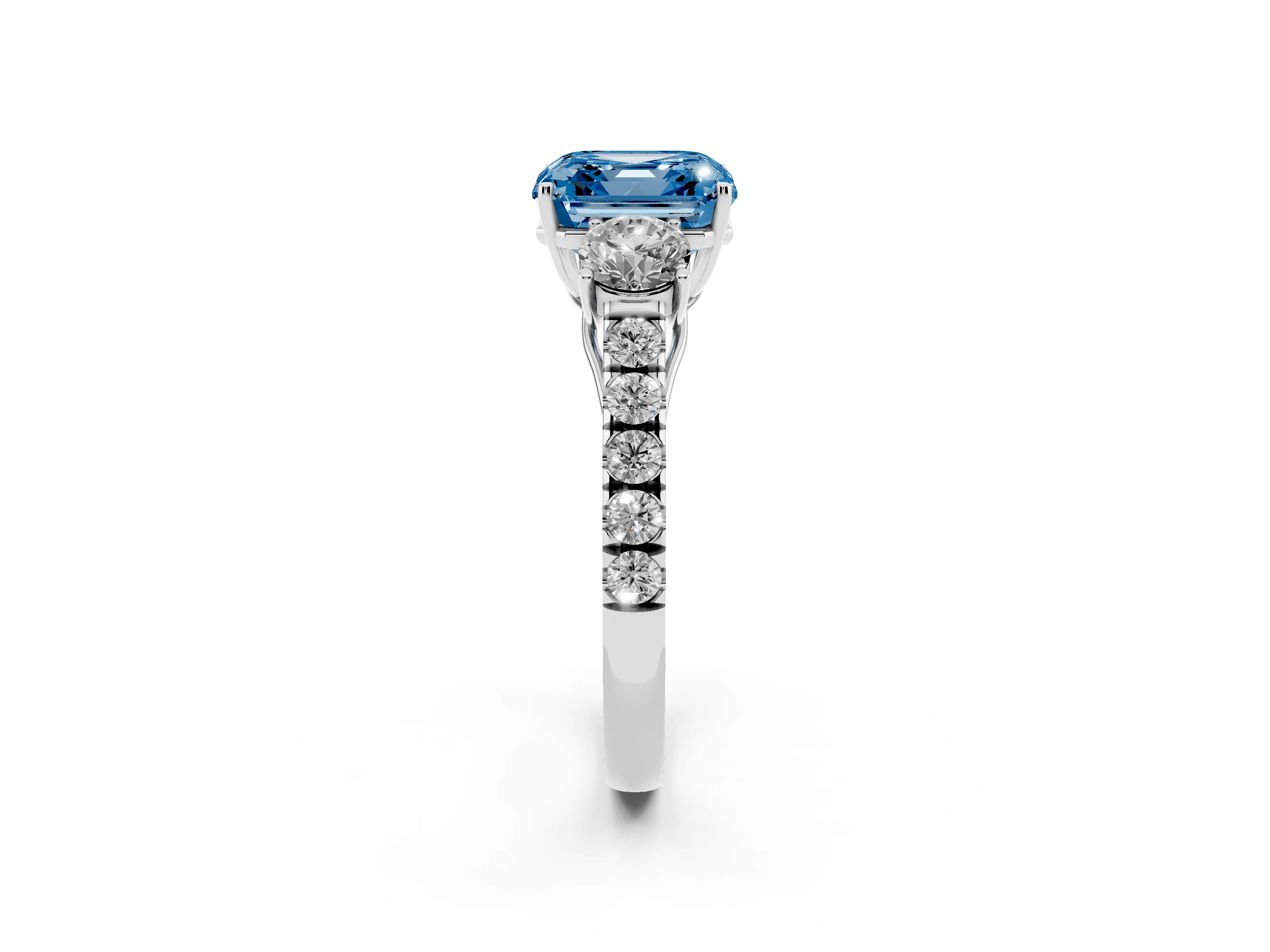 Fancy Blue Asscher Cut Diamond Three-Stone Ring Set in Silver with Round Side Stones and Delicate Pavé Band