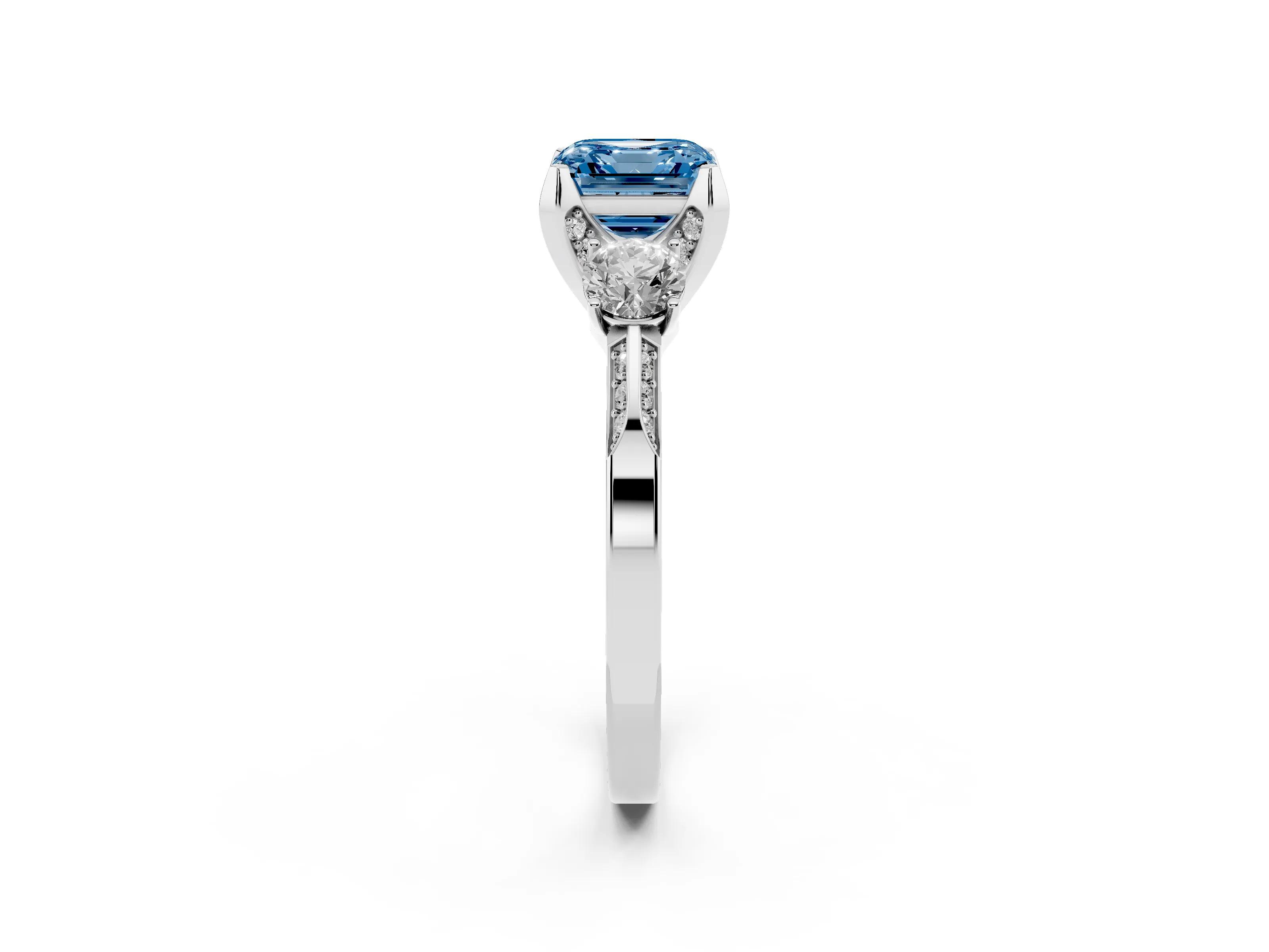Fancy Blue Asscher Cut Diamond Three-Stone Ring Set in Silver with Pavé Band and Smaller Side Stones