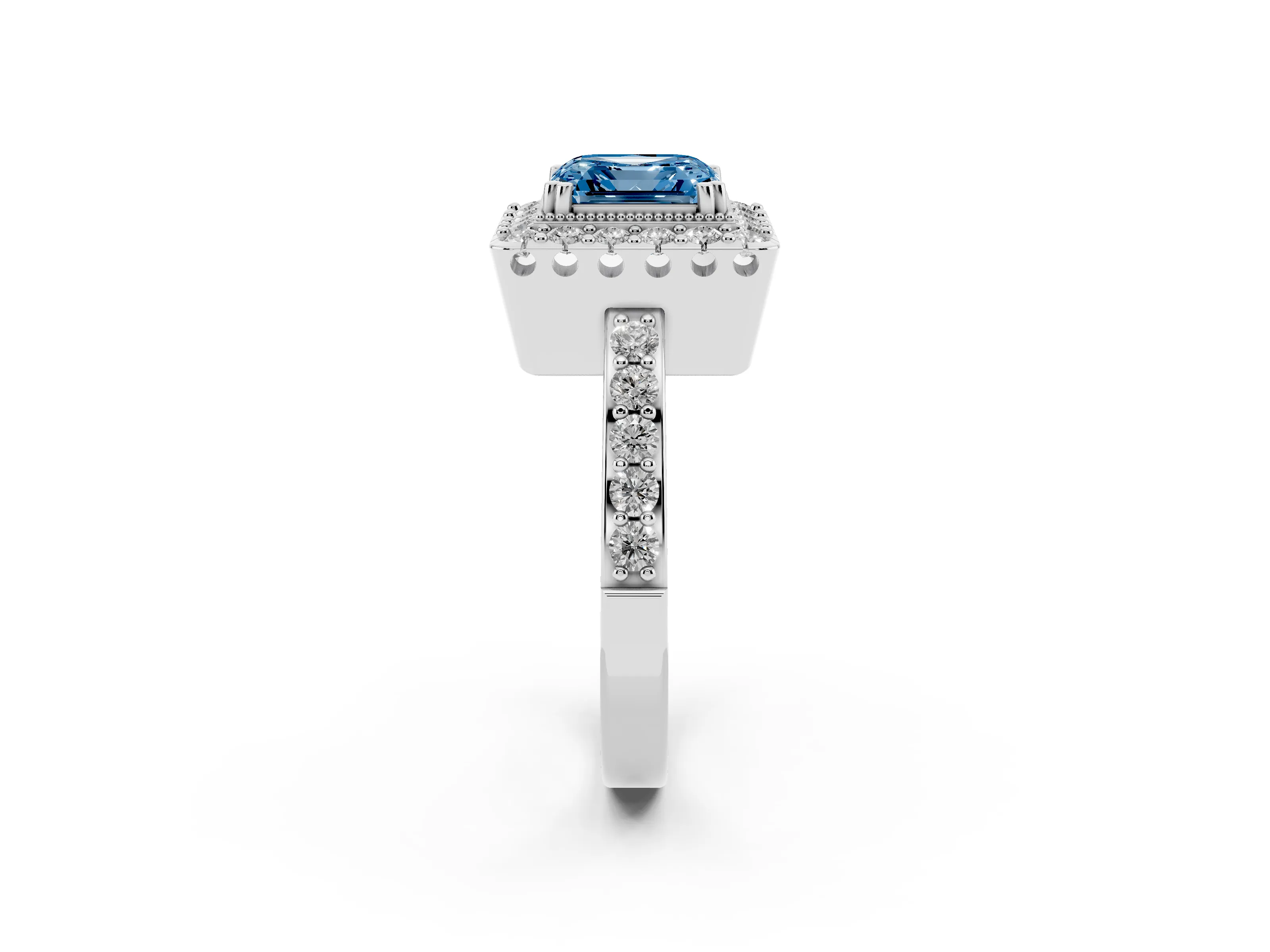 Fancy Blue Asscher Cut Diamond Halo Ring Set in Platinum with Pavé Shank and Prong Setting