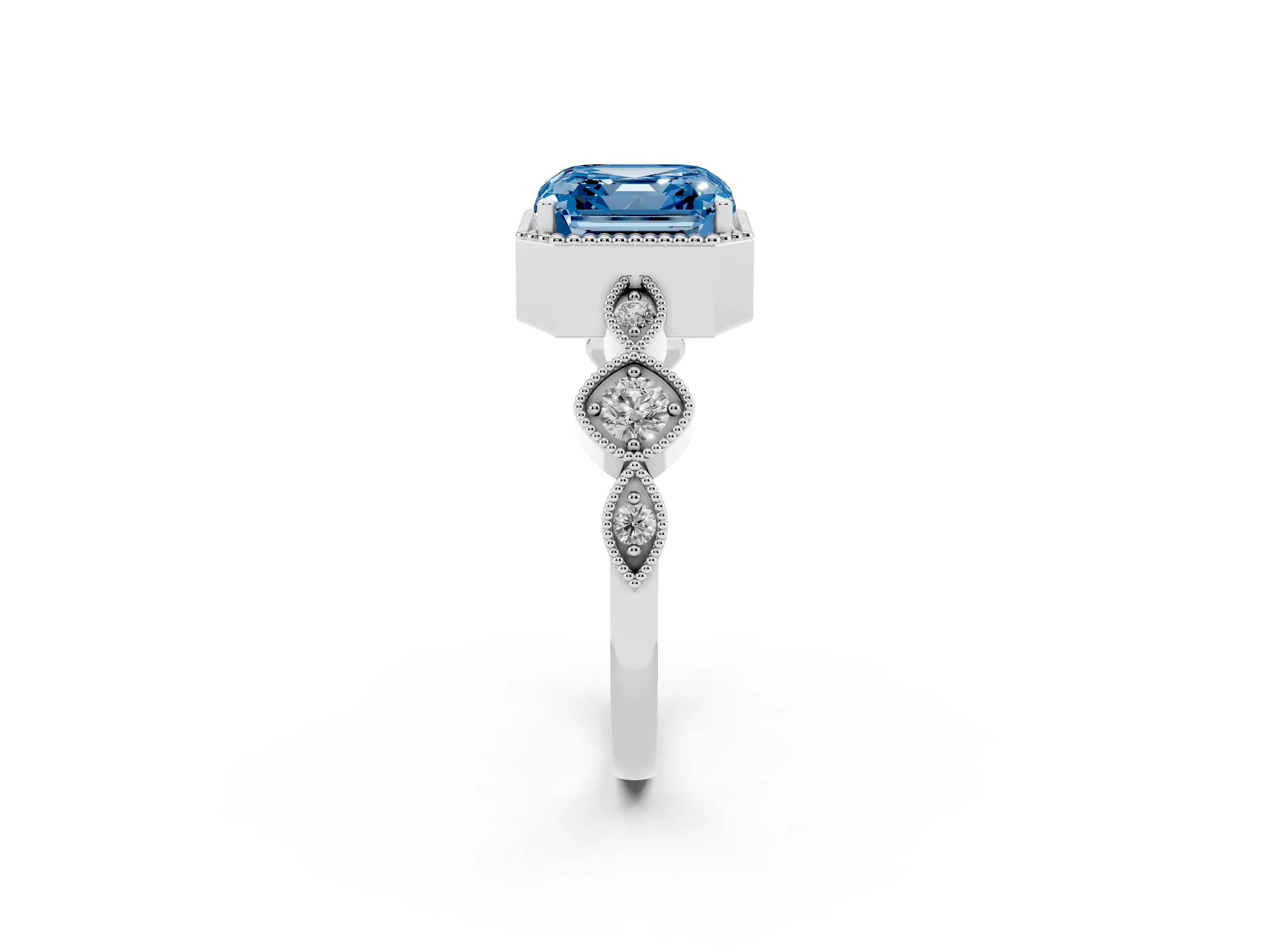 Fancy Blue Asscher Cut Diamond Vintage-Inspired Milgrain Ring Set in Platinum with Marquise Stations of Round Accents