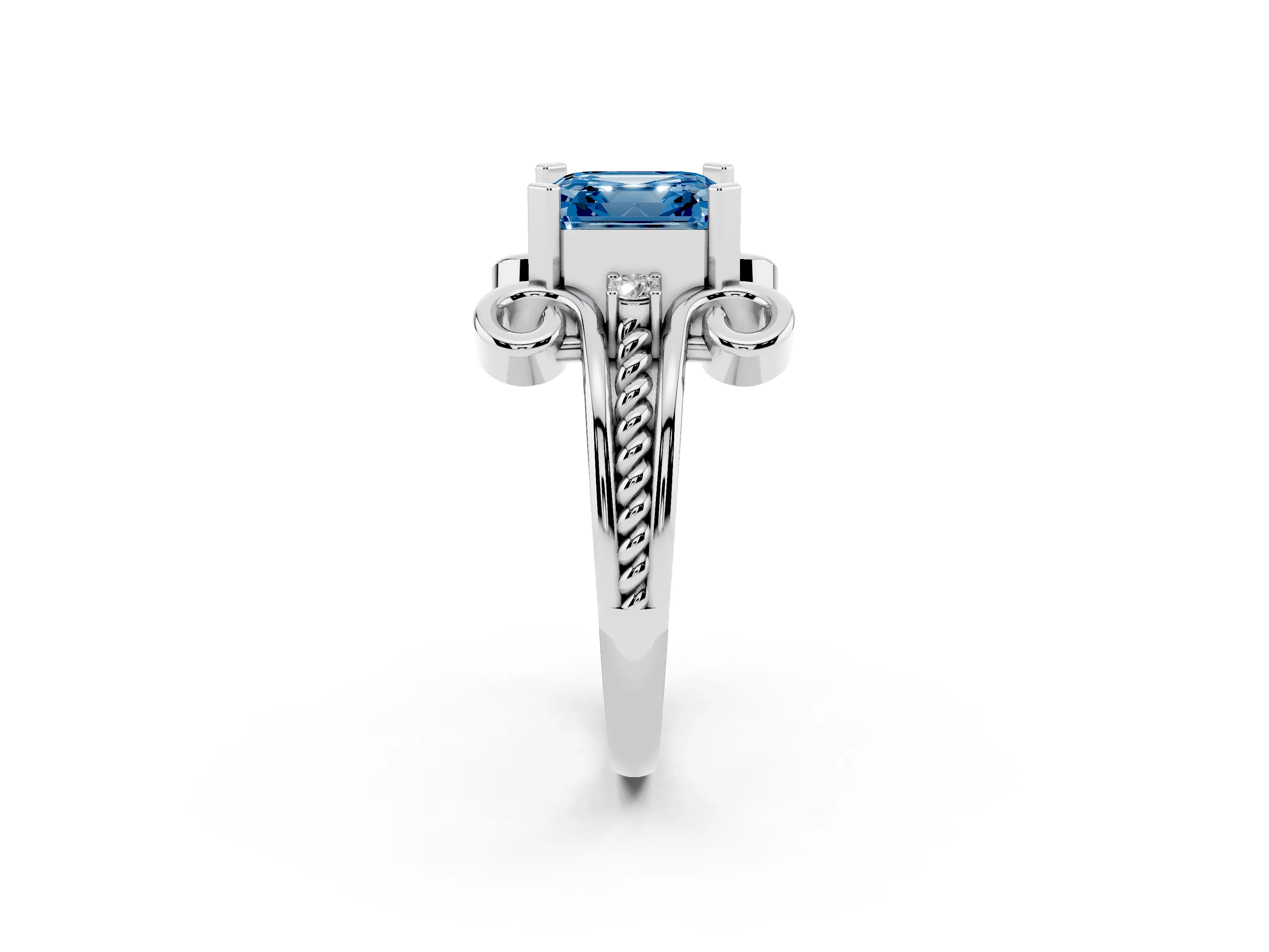 Fancy Blue Asscher Cut Diamond Twisted Band Solitaire Ring Set in White gold with Scroll Prongs