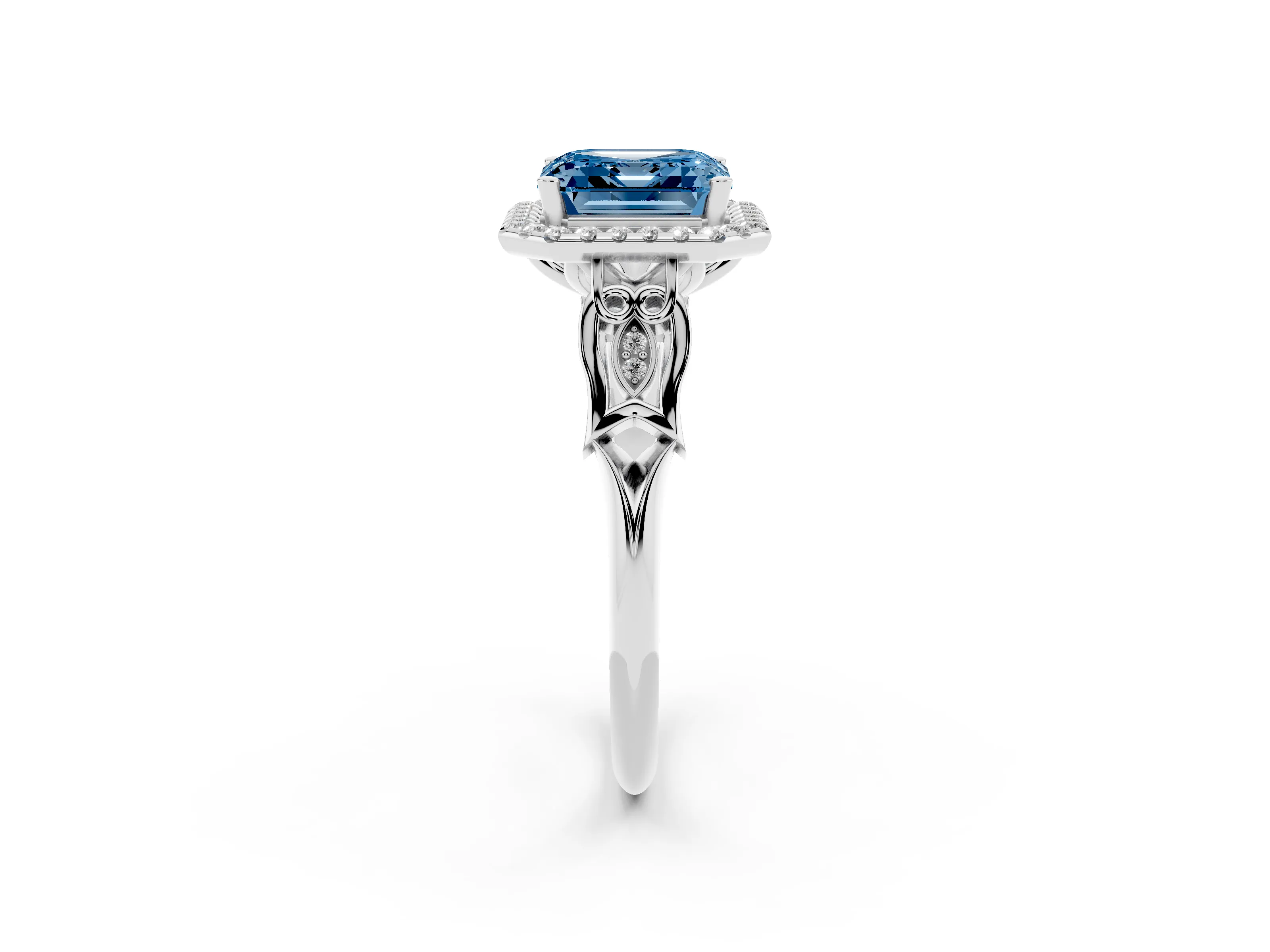 Fancy Blue Asscher Cut Diamond Halo Engagement Ring Set in Platinum with Filigree Band and Prong-Set Center