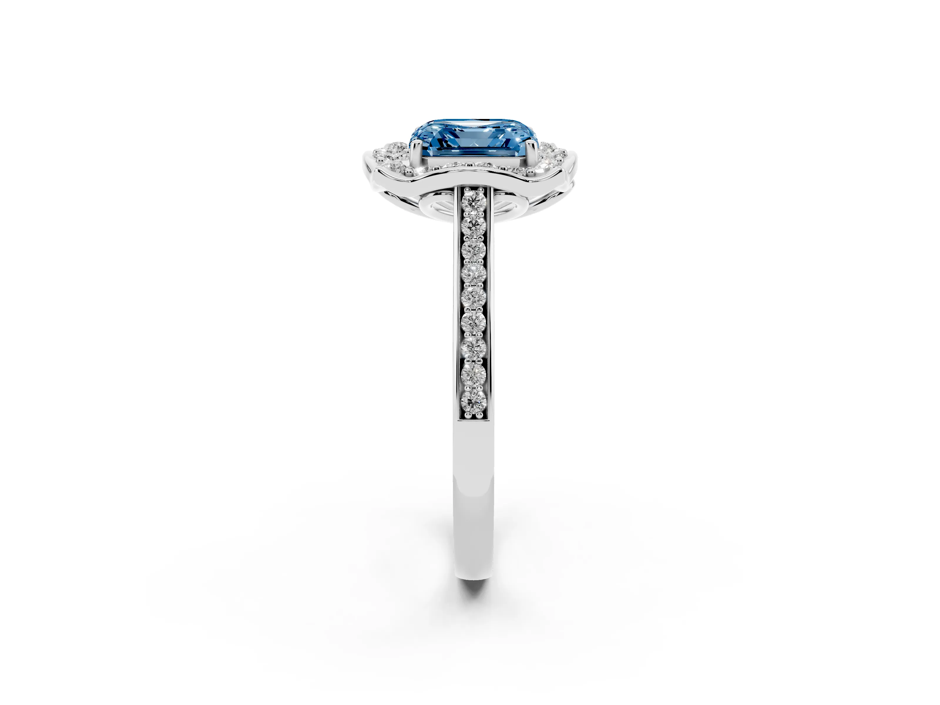 Fancy Blue Asscher Cut Diamond Halo Ring Set in Platinum with Pavé-Lined Shoulders and Prong Setting