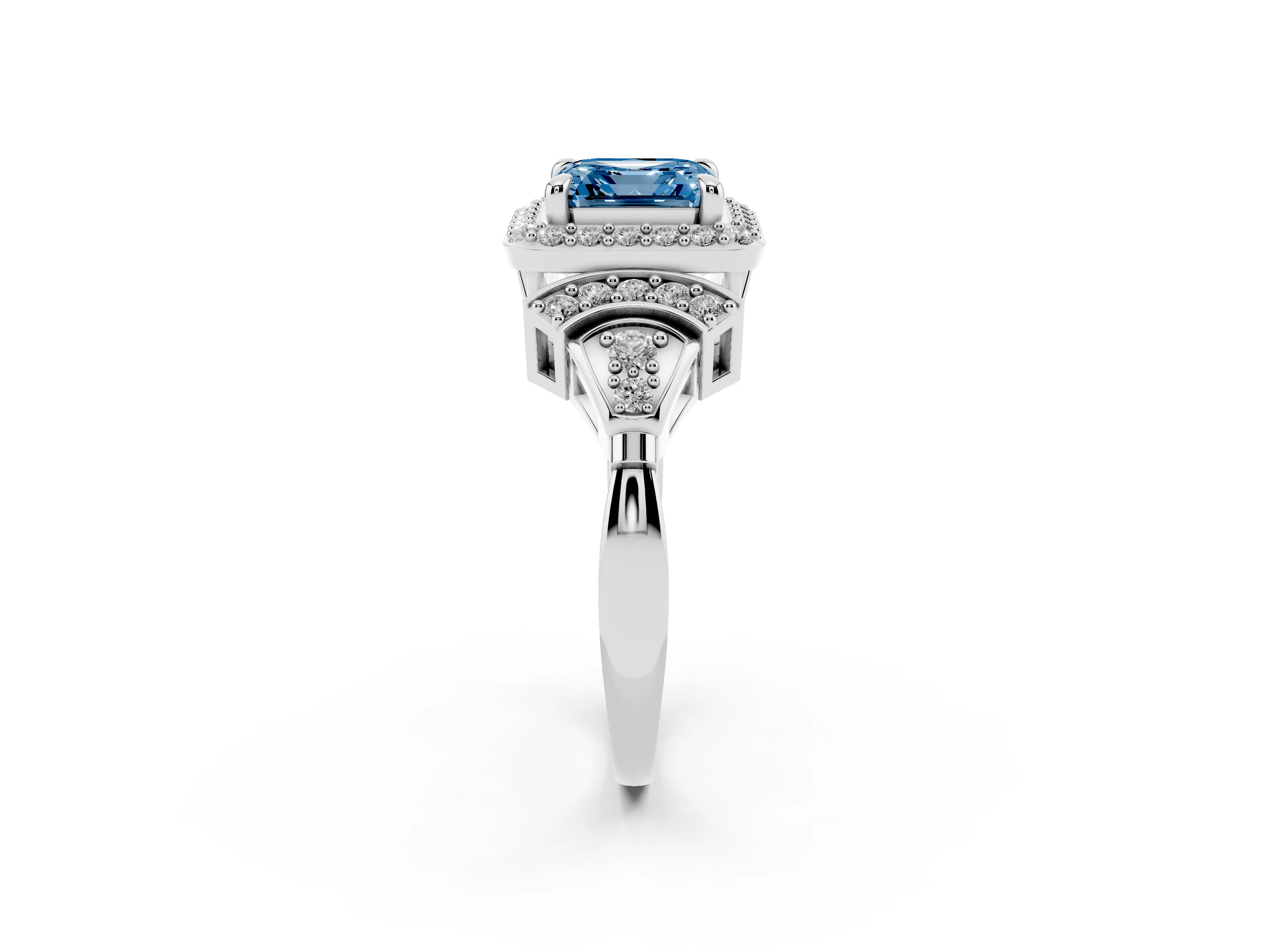 Fancy Blue Asscher Cut Diamond Halo Engagement Ring Set in White gold with Accent Stone Split Shank