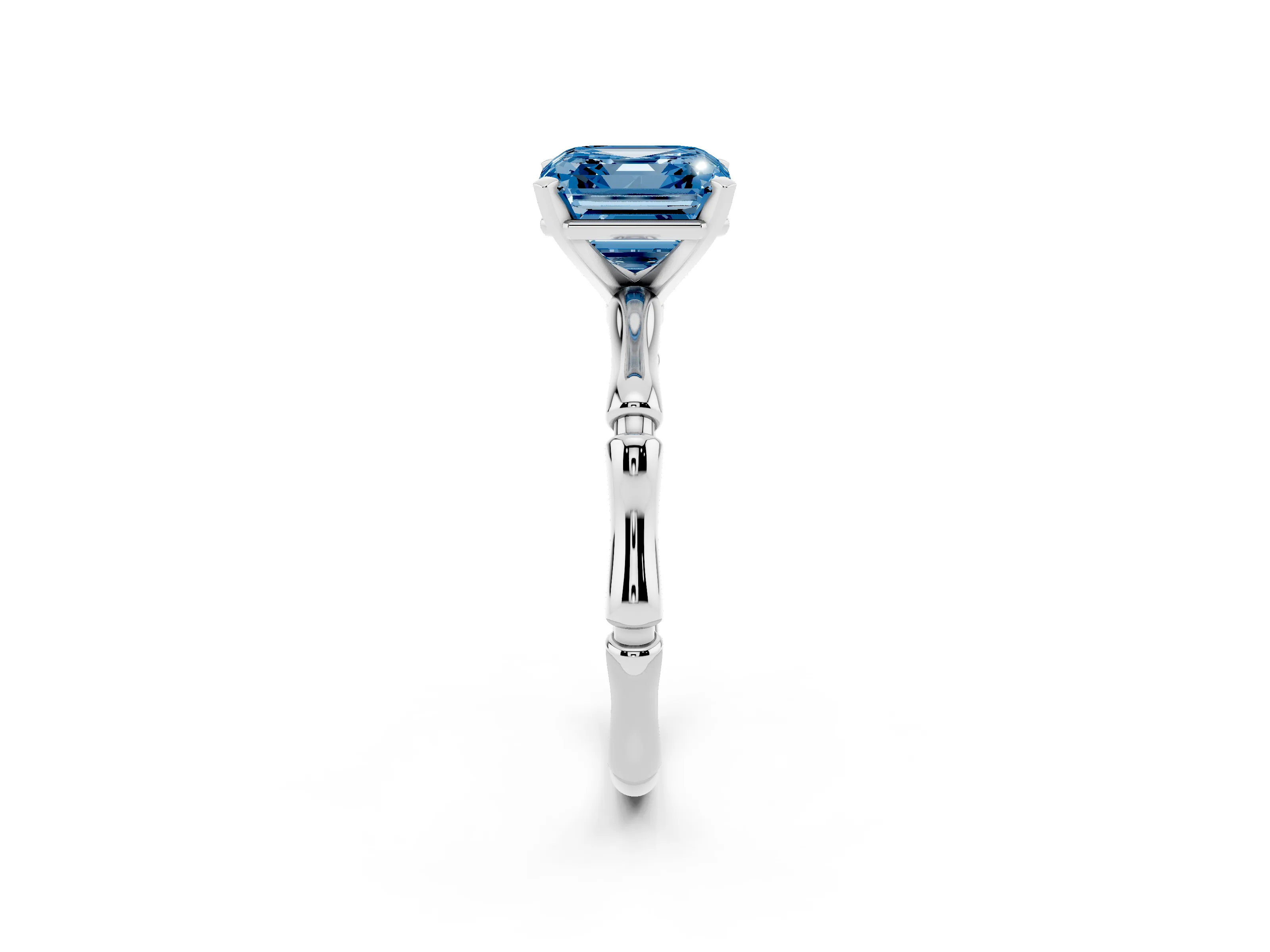 Fancy Blue Asscher Cut Diamond Solitaire Ring Set in Silver with Bamboo Band and Prong Setting