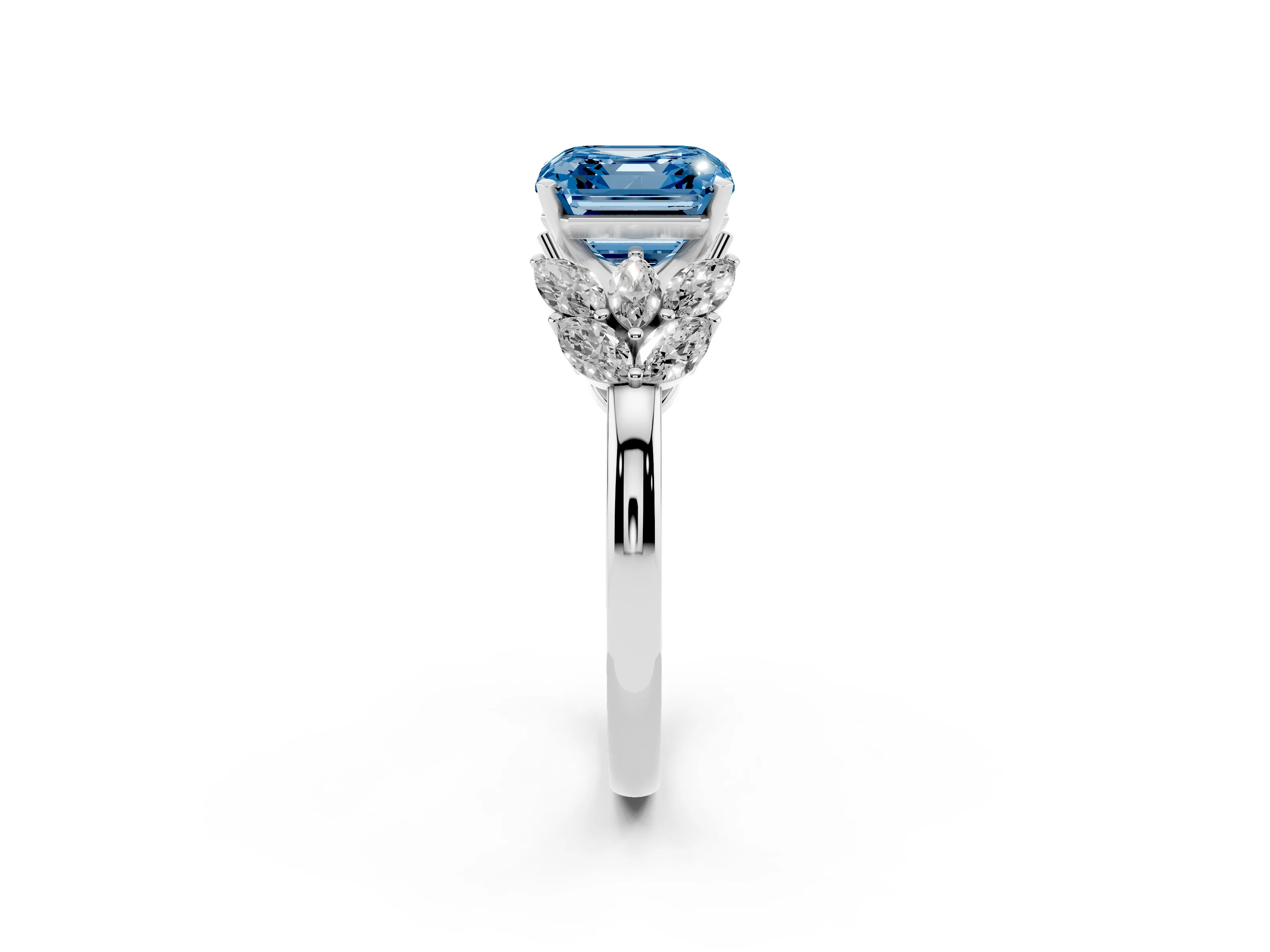 Fancy Blue Asscher Cut Diamond Cluster Leaf Design Ring Set in White gold with Prong Setting