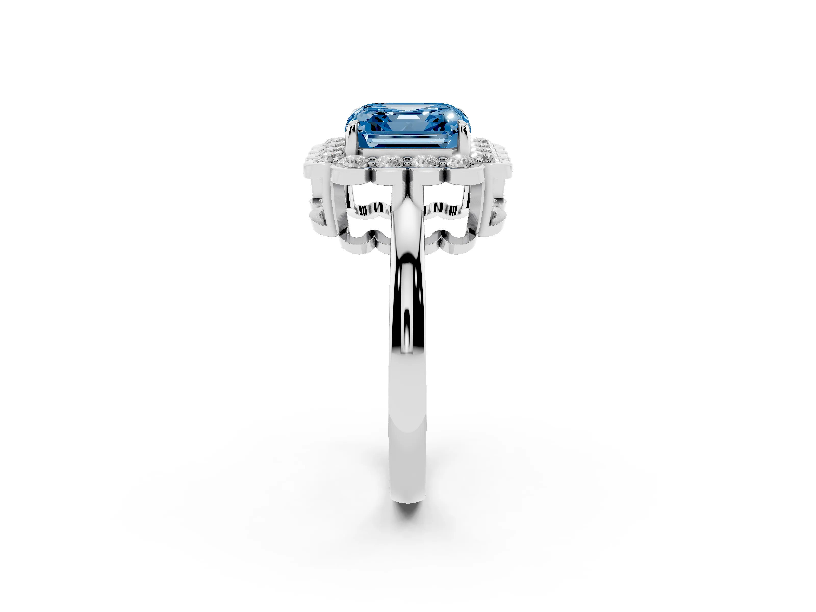 Fancy Blue Asscher Cut Diamond Halo Cluster Engagement Ring Set in White gold with Solitaire Band and Prong Setting