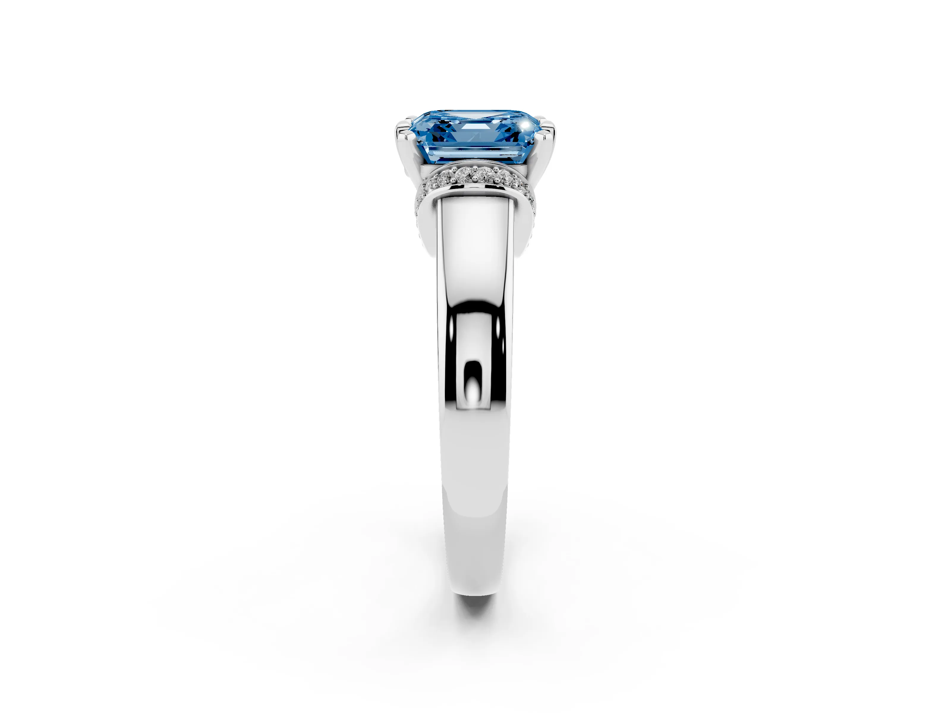 Fancy Blue Asscher Cut Diamond Pavé Band Solitaire Ring Set in Silver with Prong Setting