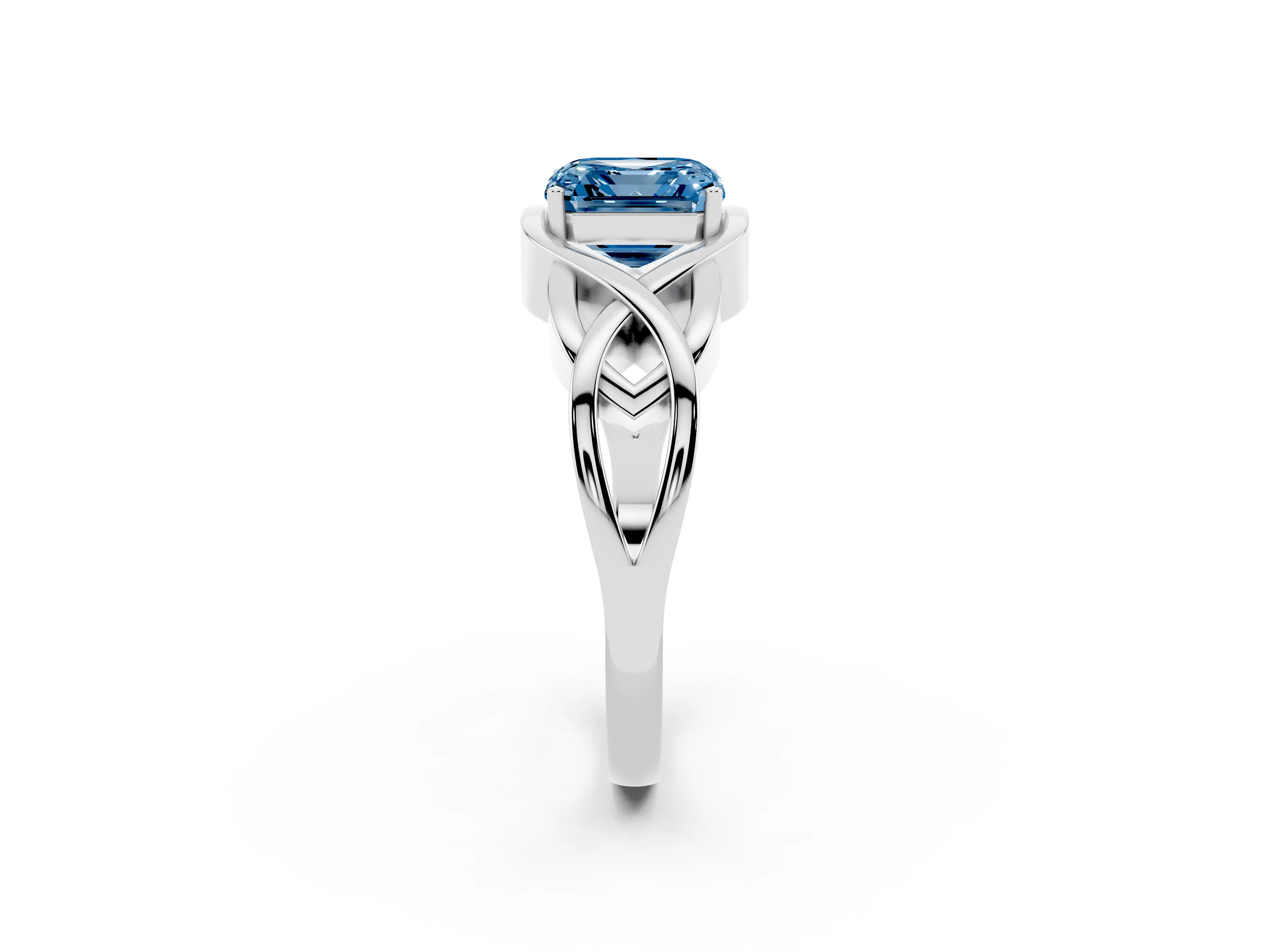 Fancy Blue Asscher Cut Diamond Solitaire Ring Set in Platinum with Intertwined Band