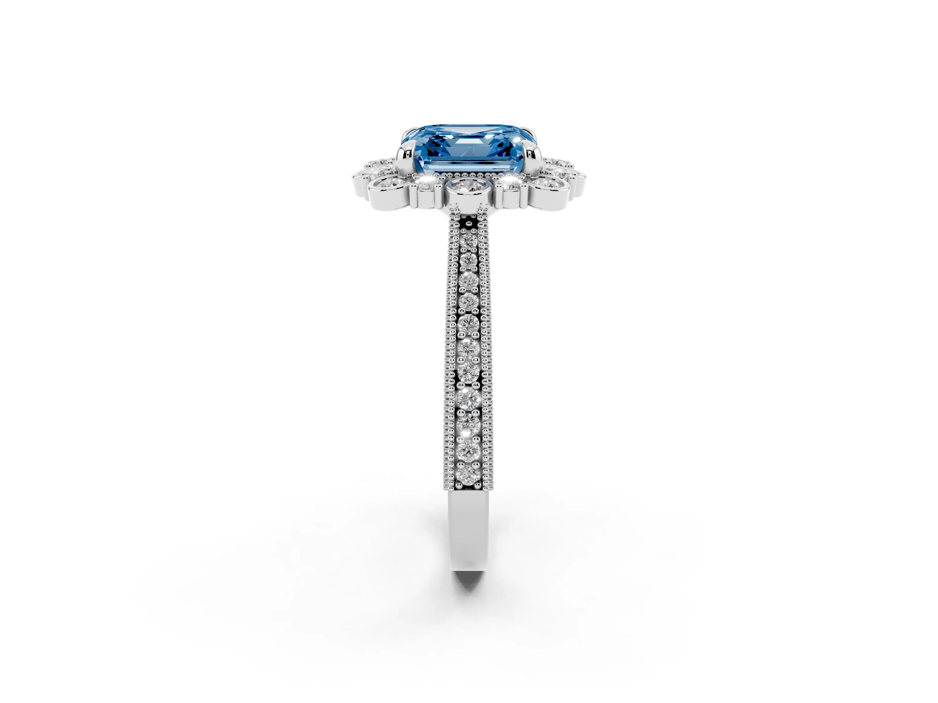 Fancy Blue Asscher Cut Diamond Halo Milgrain Pavé Ring Set in Silver with Prong Setting