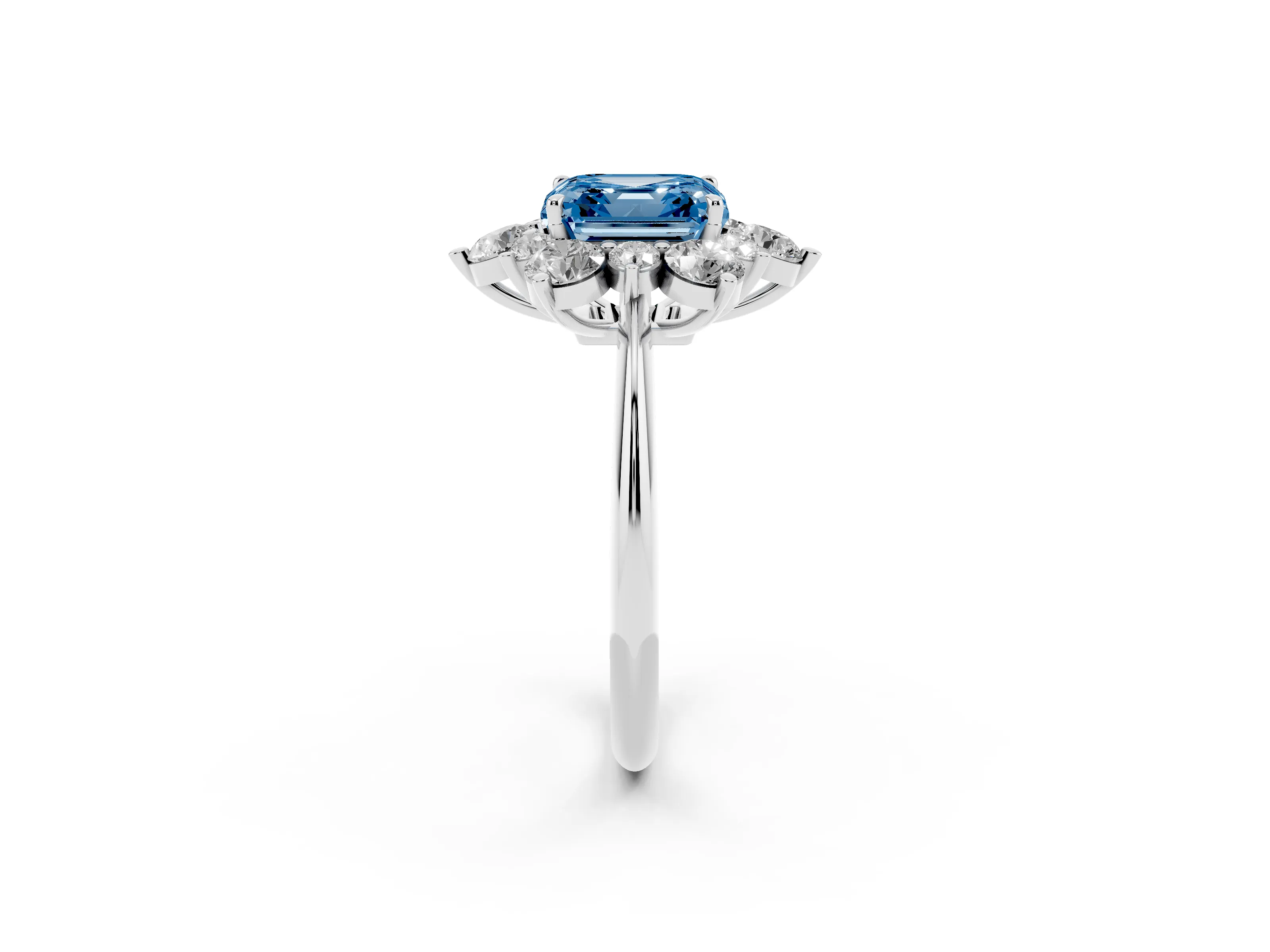 Fancy Blue Asscher Cut Diamond Cluster Halo Ring Set in White gold with Solitaire Band and Prong Setting