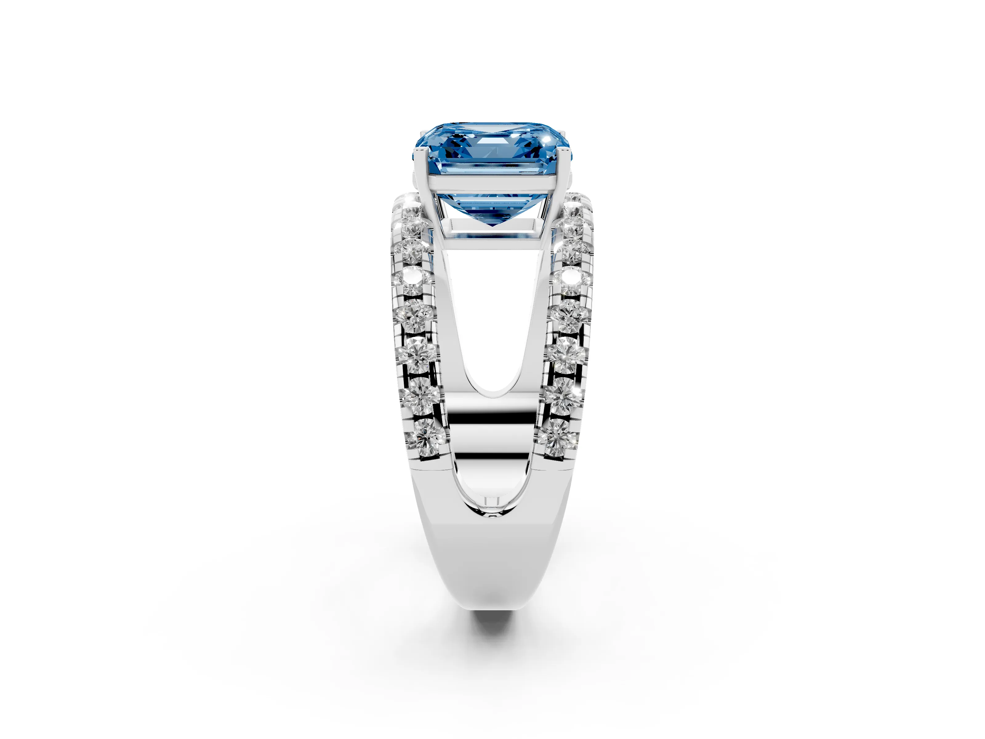Fancy Blue Asscher Cut Diamond Split Shank Pavé Solitaire Ring Set in Silver with Open Shank Design