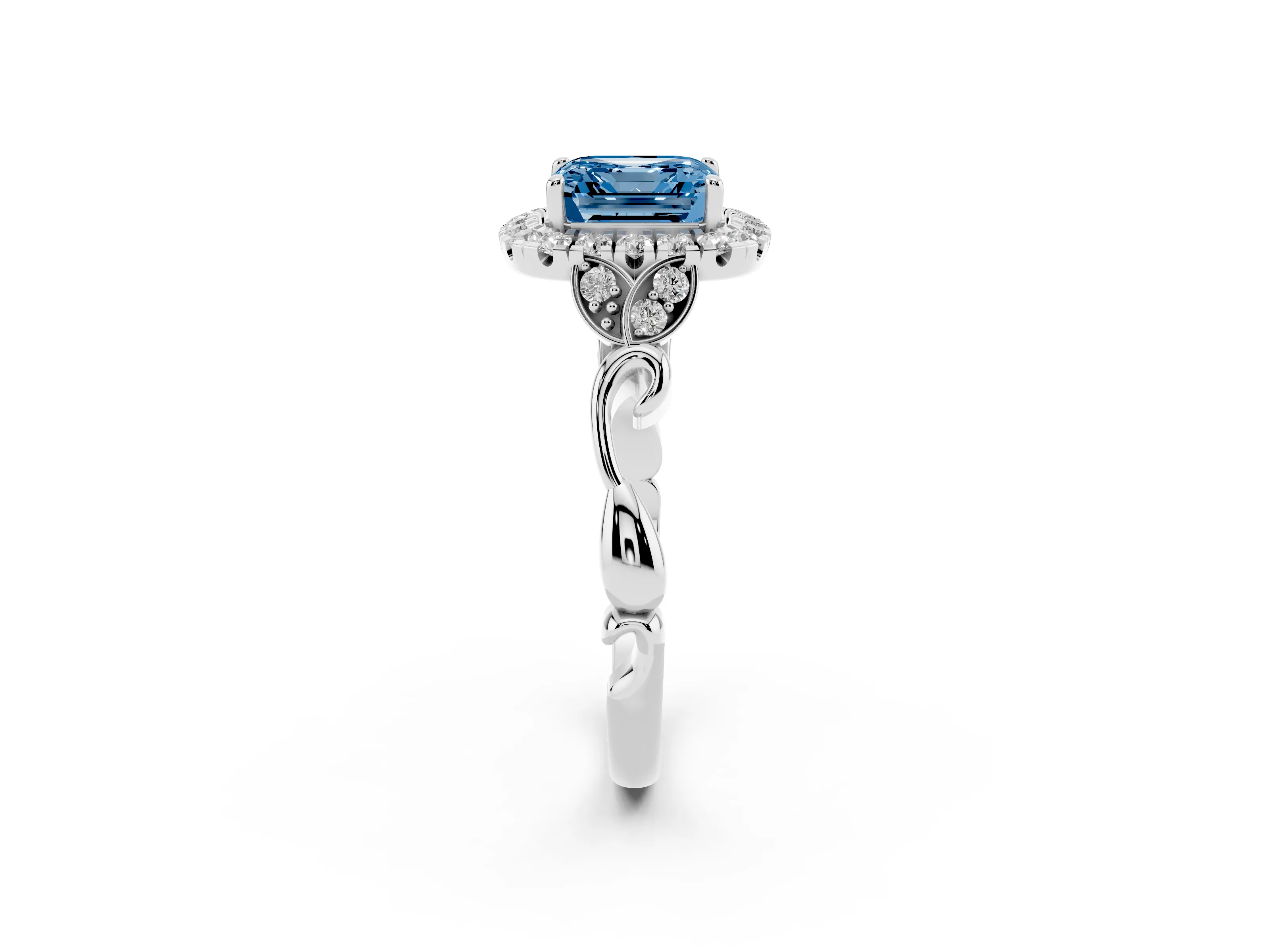 Fancy Blue Asscher Cut Diamond Halo Engagement Ring Set in Silver with Vintage-Inspired Band and Prong Setting