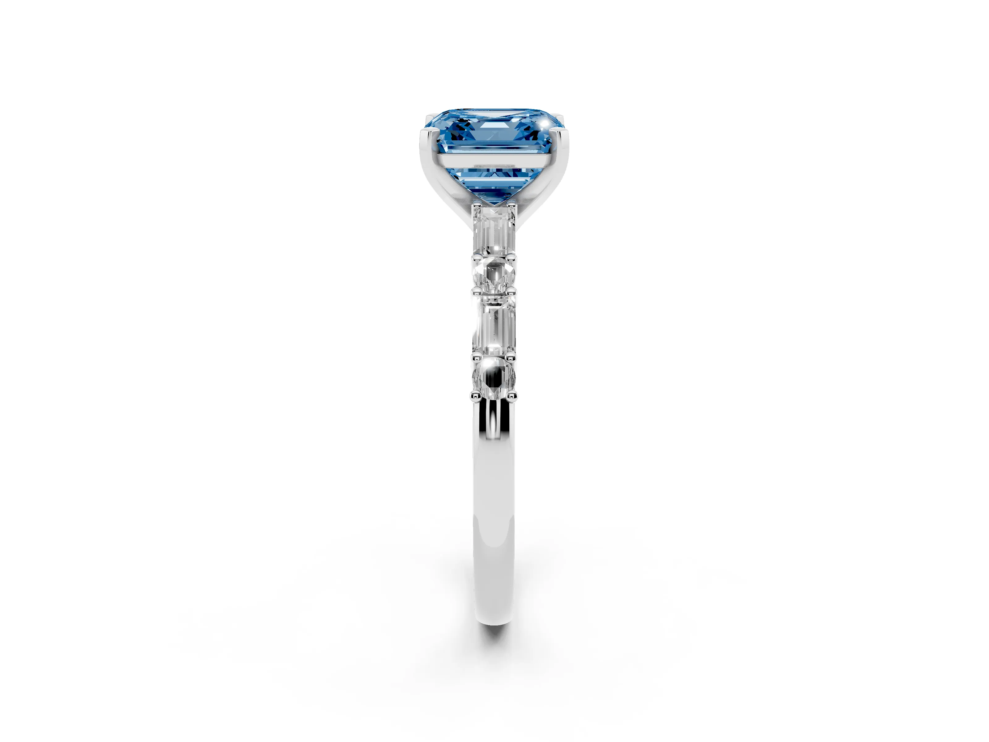 Fancy Blue Asscher Cut Diamond Solitaire Set in Platinum with Side Baguettes and Channel Set Band
