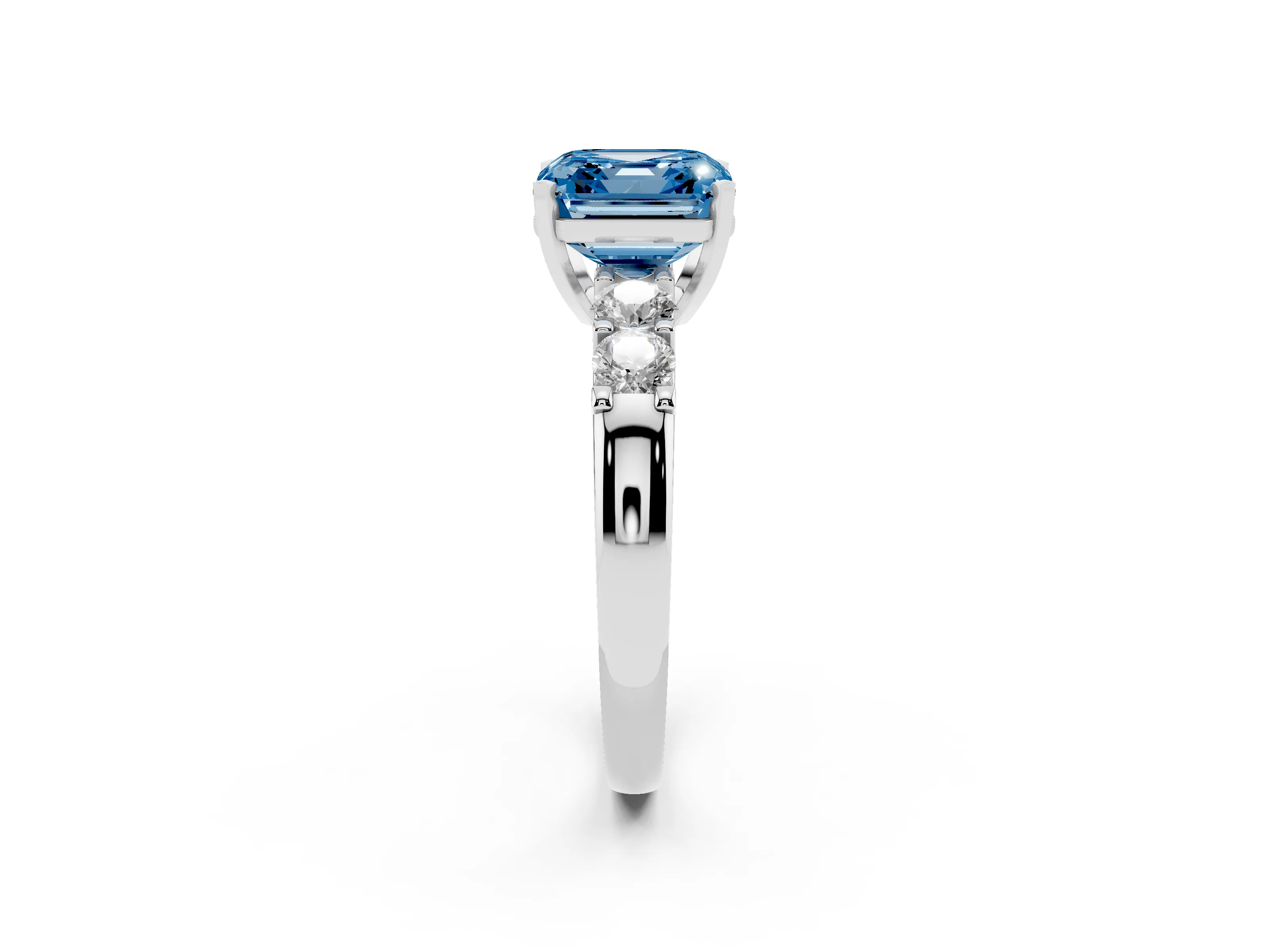 Fancy Blue Asscher Cut Diamond Five-Stone Prong Set Engagement Ring Set in Silver with Channel Band