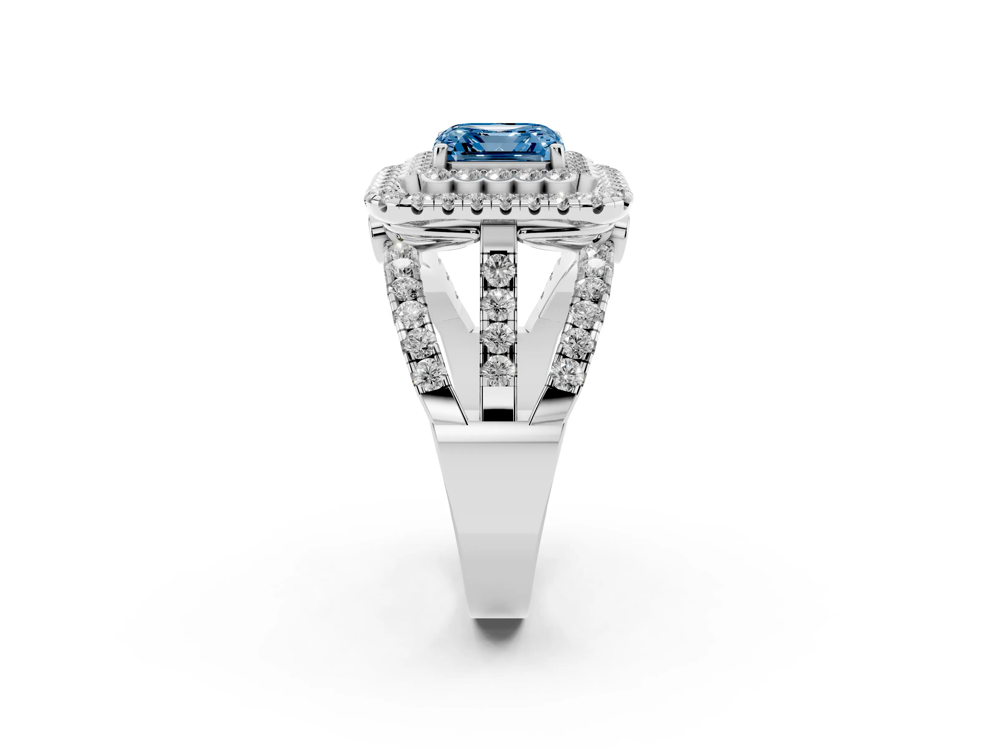 Fancy Blue Asscher Cut Diamond Double Halo Ring Set in White gold with Round Pavé Split Shank