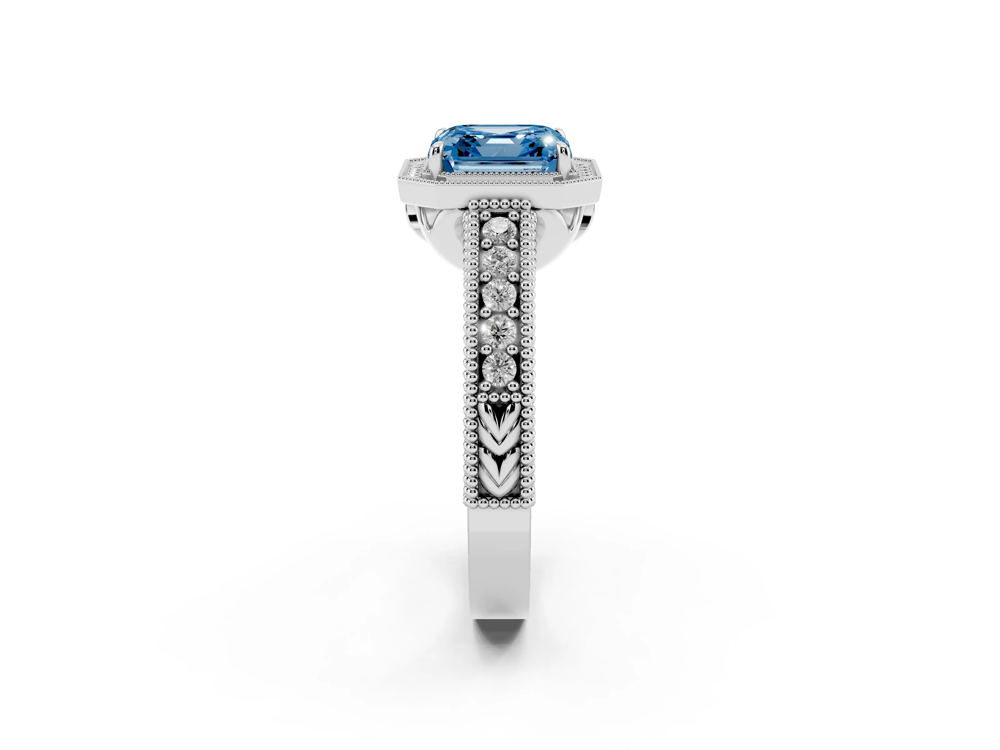 Fancy Blue Asscher Cut Diamond Halo Ring Set in White gold with Round Accent Halo, Pavé Band and Prong Setting
