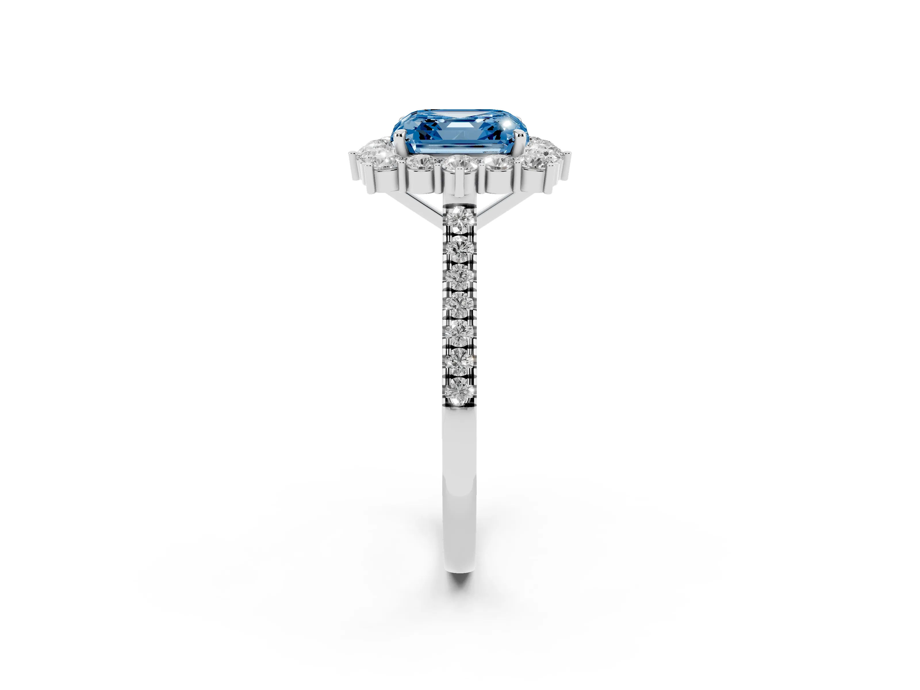 Fancy Blue Asscher Cut Diamond Halo Ring Set in Silver with Pavé Band and Prong Setting