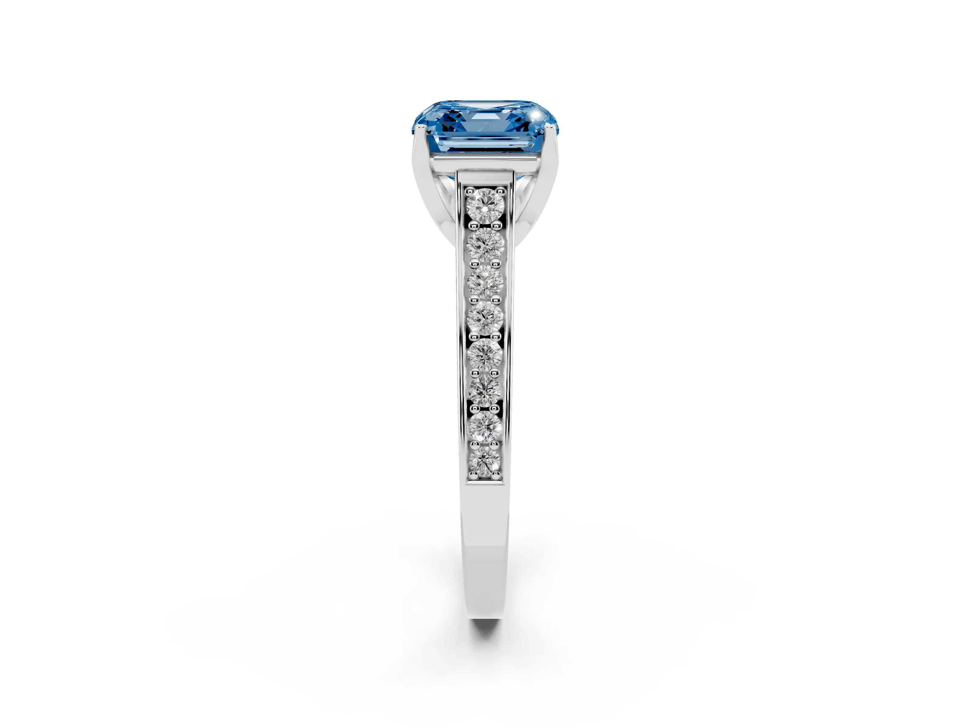 Fancy Blue Asscher Cut Diamond Solitaire Pavé Engagement Ring Set in White gold with Prong Setting