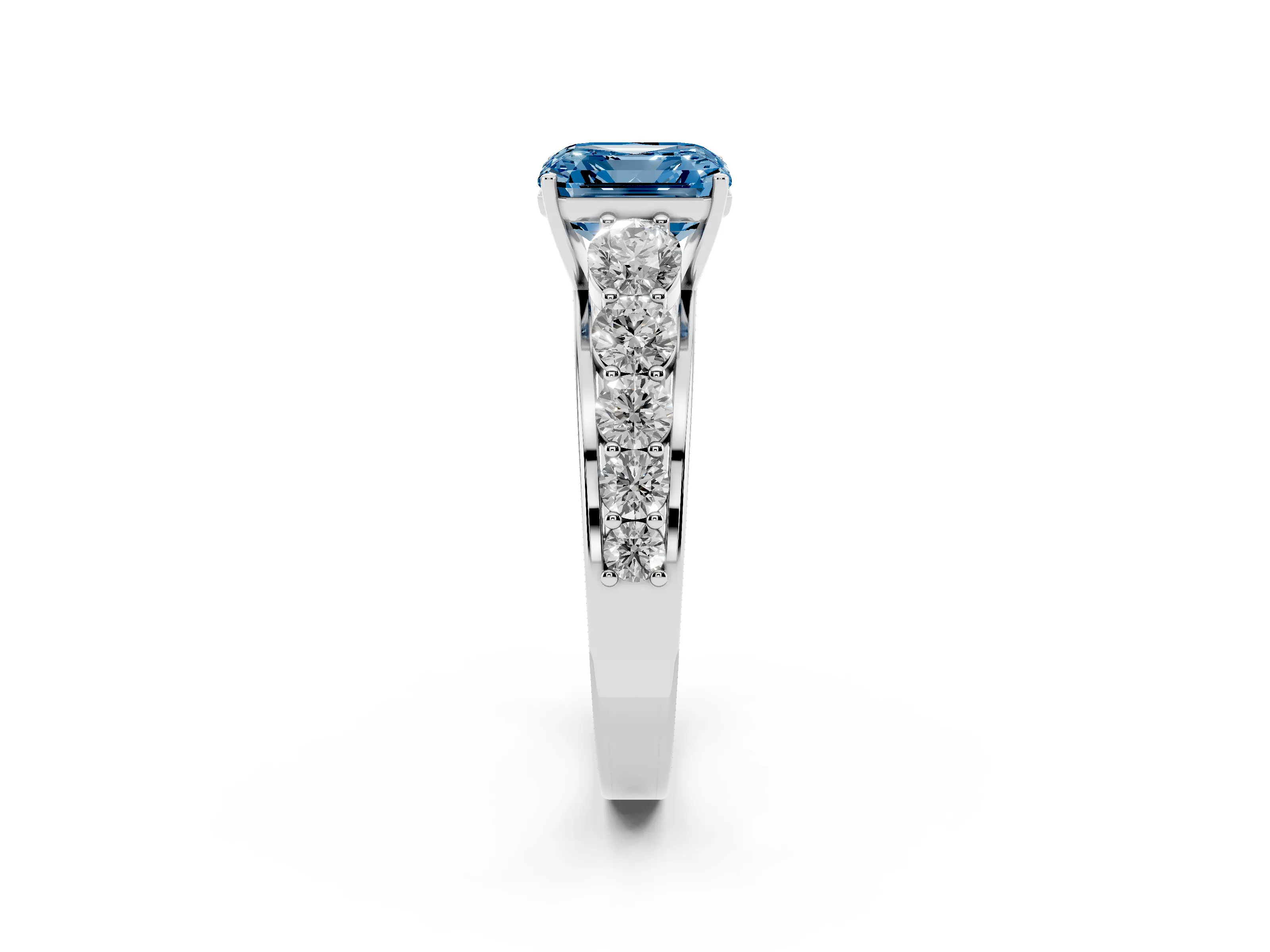 Fancy Blue Asscher Cut Diamond Solitaire Ring Set in Platinum with Pavé-Set Band and Prong Setting